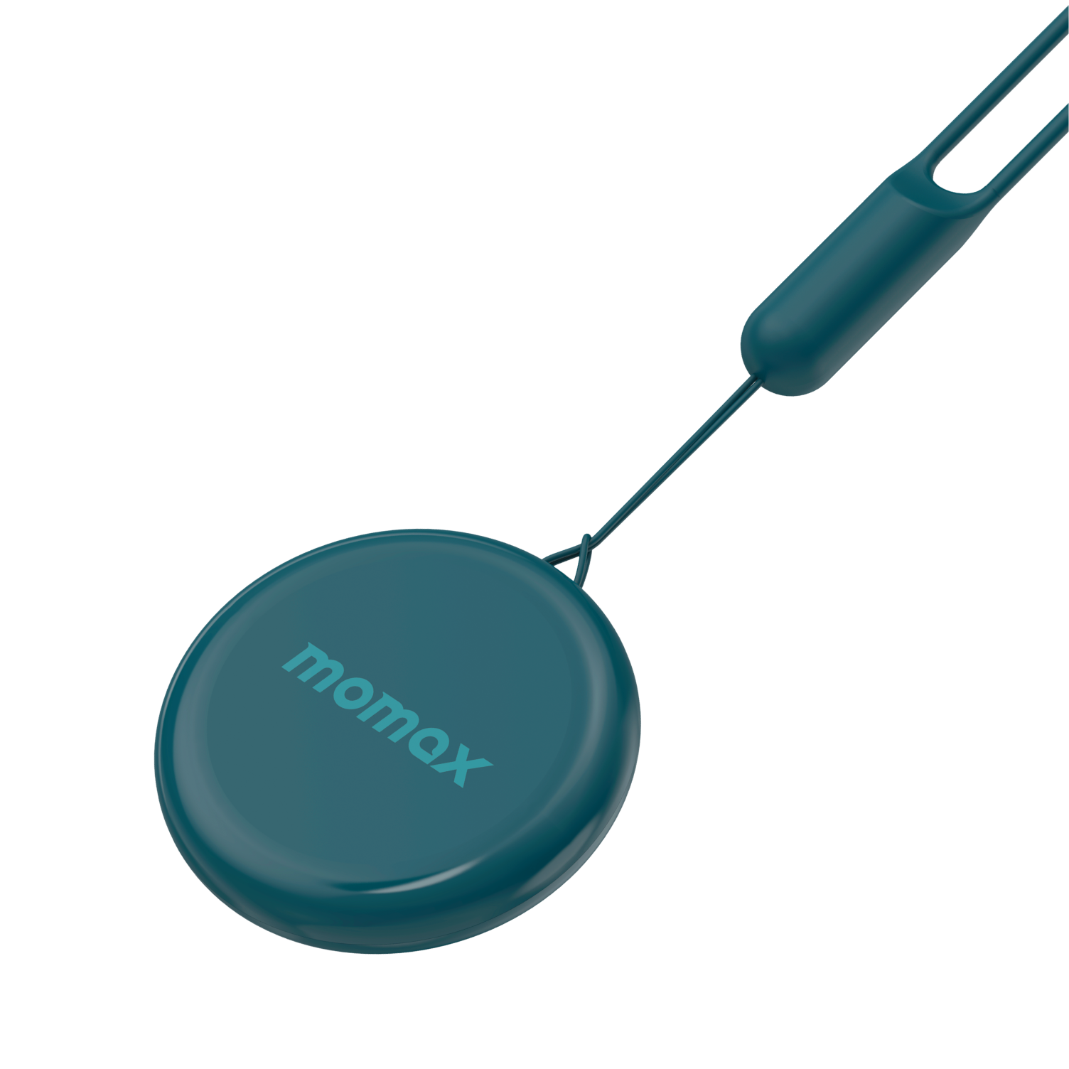 Teal colored Momax device with a strap. The device is round. Momax is written on it.