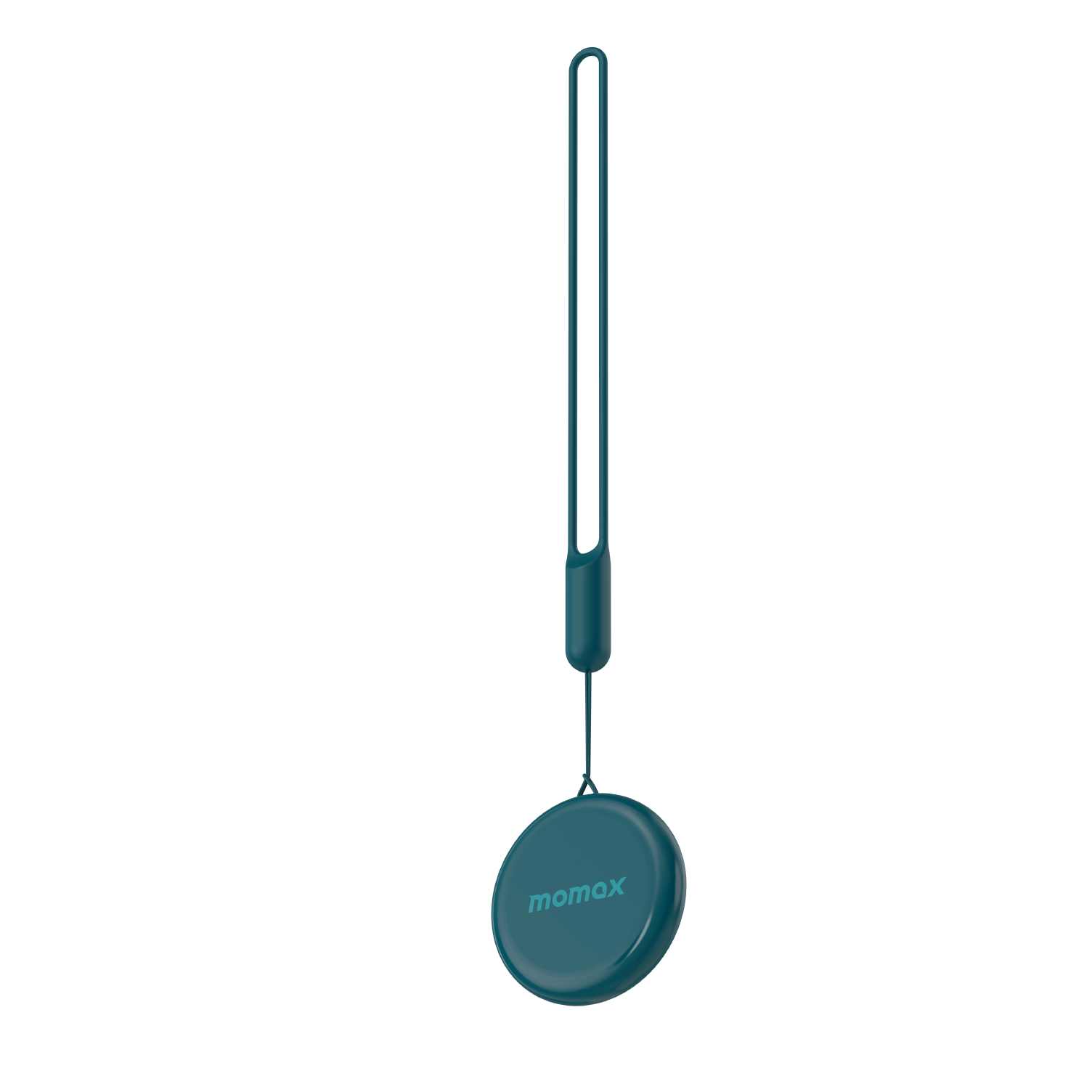 Teal-colored wireless tracker with a strap, Momax brand.