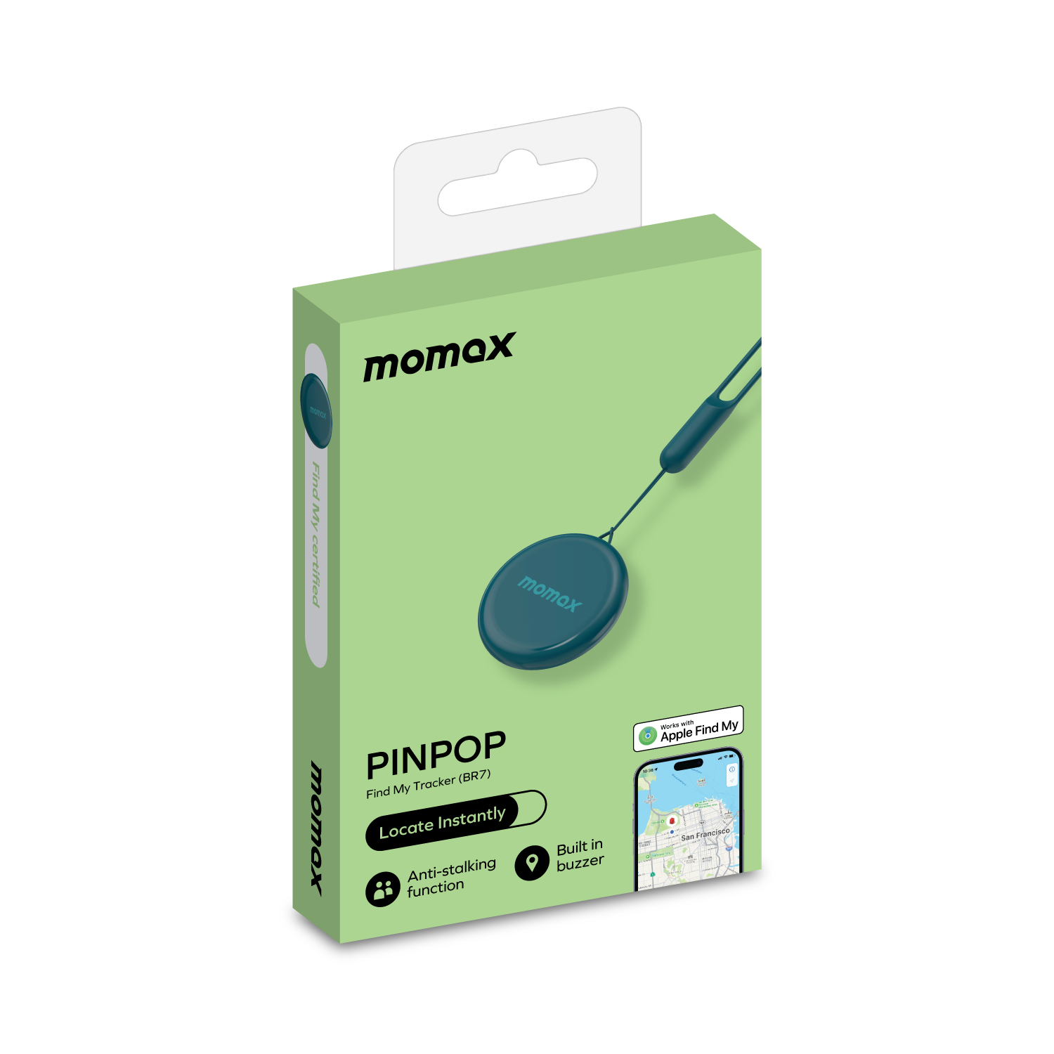 Green box with Momax Pinpop tracker. Phone with map.