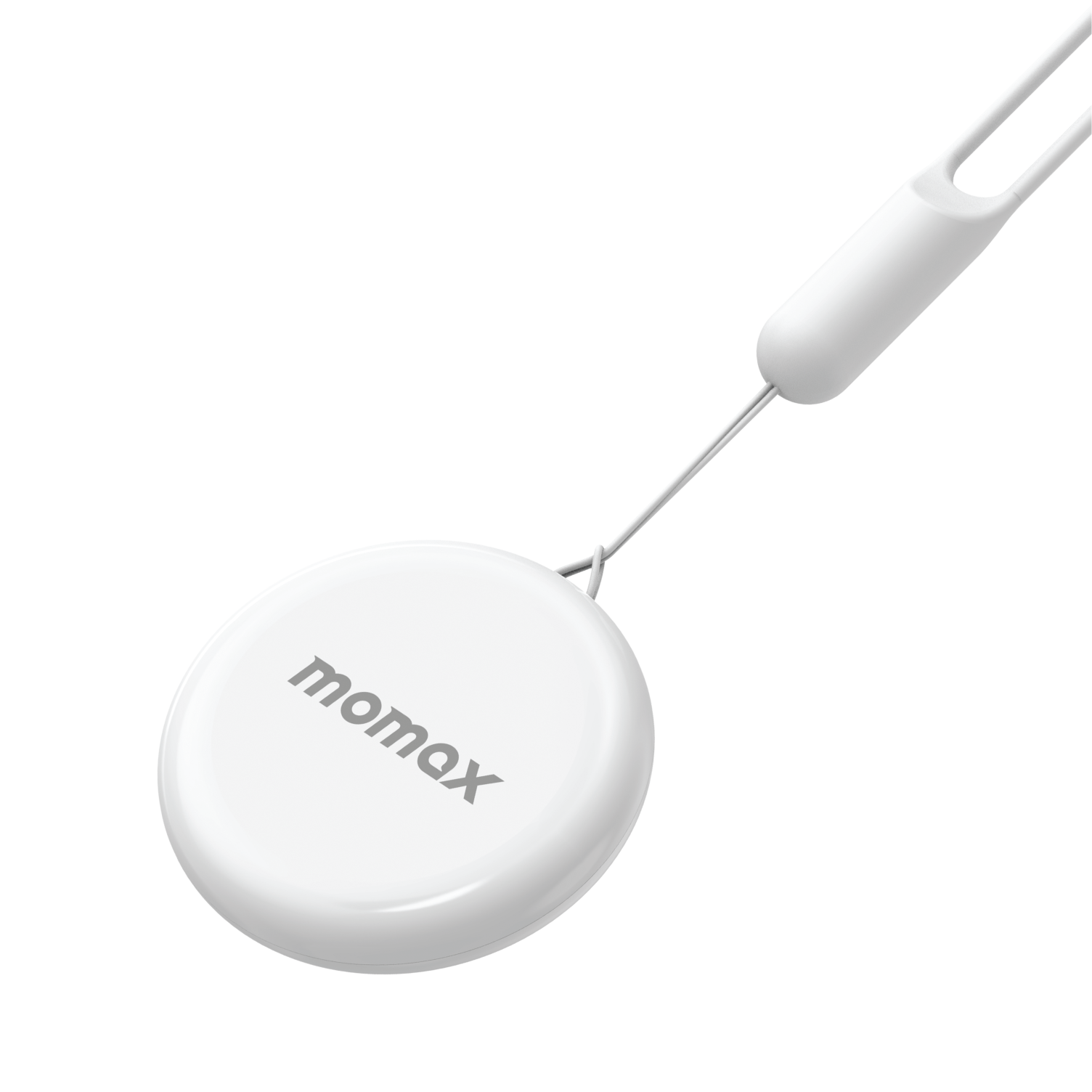 White Momax tracker with string on black background. Momax logo is visible.