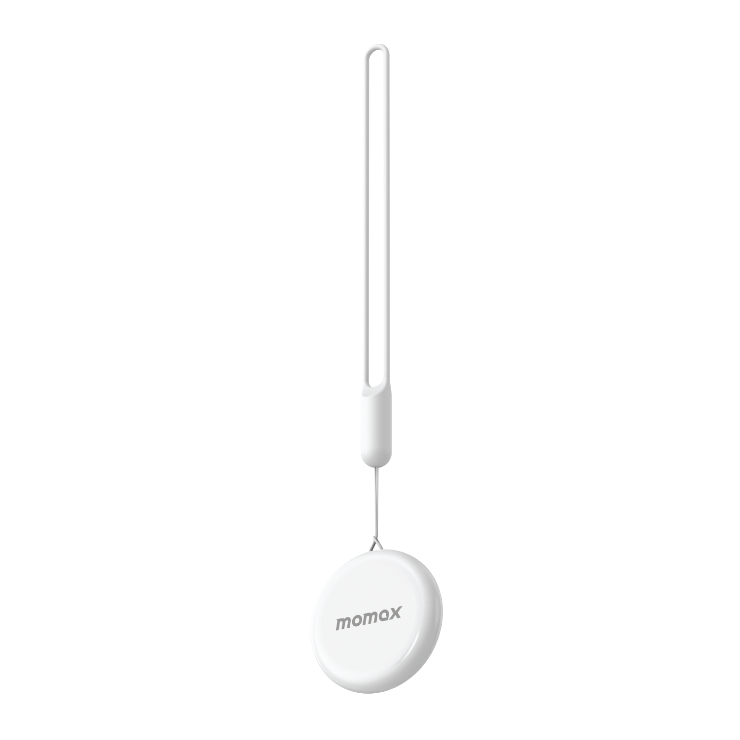 A white momax tracker with a white strap, on a black background.