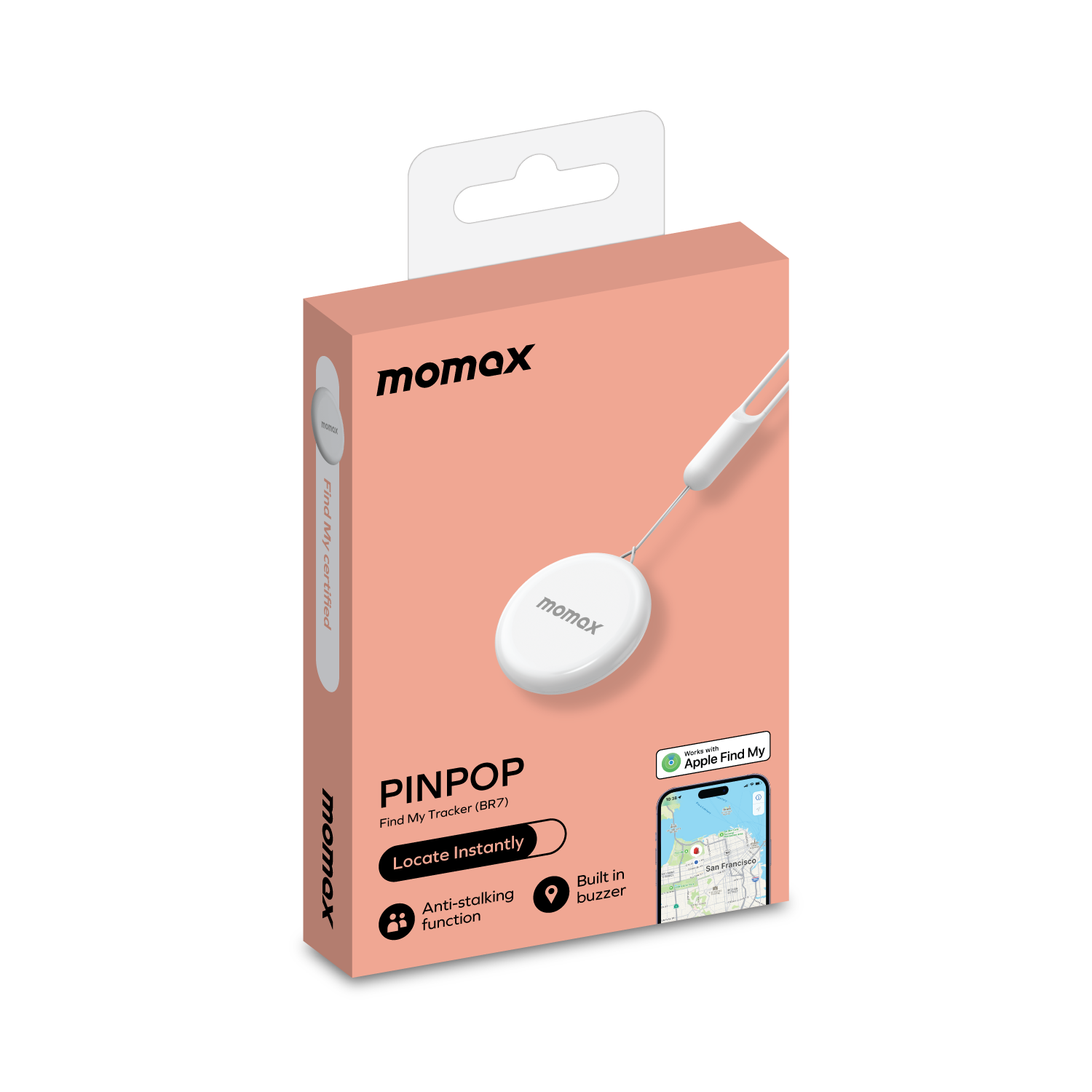 Pink box with Momax Pinpop tracker. Phone with map.