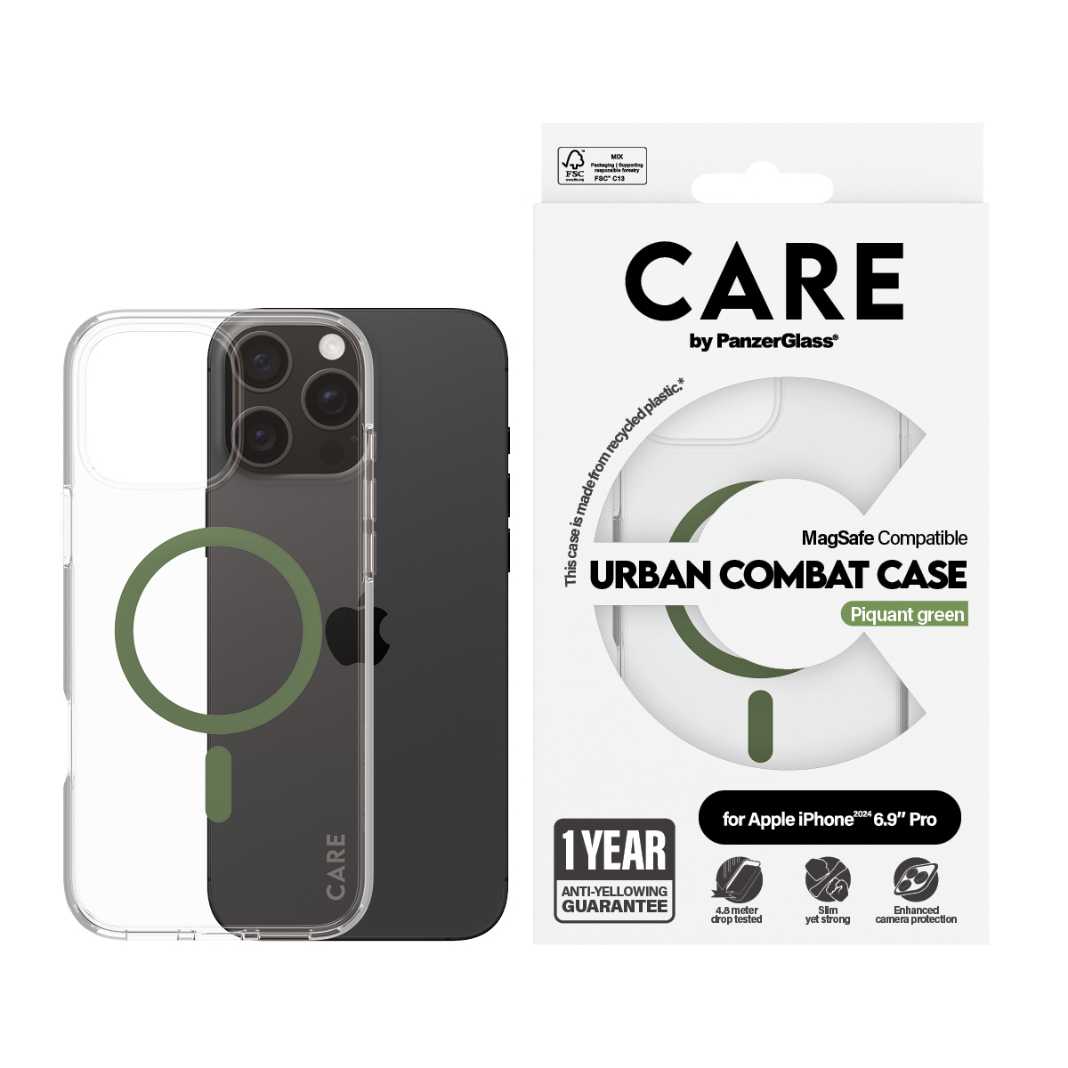 Telefon kılıfı ve kutusu. Siyah telefon ve yeşil şeffaf kılıf, Care by PanzerGlass.
