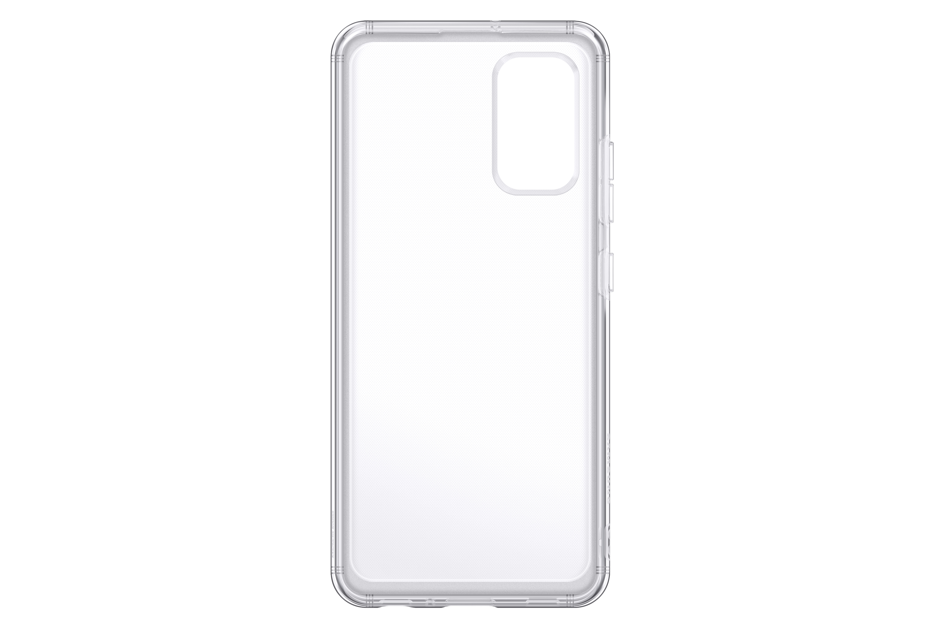 Eine transparente Handyhülle. Die Hülle hat Aussparungen für Kamera und Tasten.