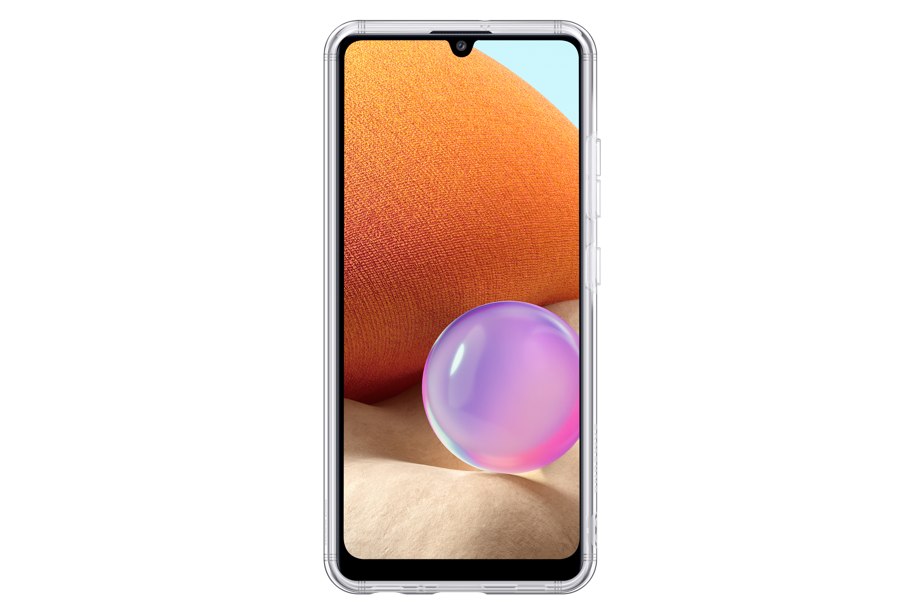 Smartphone mit klarer Hülle. Oranger Bildschirm mit lila und pinkfarbener Kugel. Weißer Hintergrund.