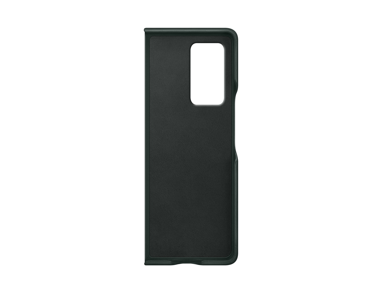 Funda negra para teléfono, abierta, que revela un interior negro. Fondo: blanco.