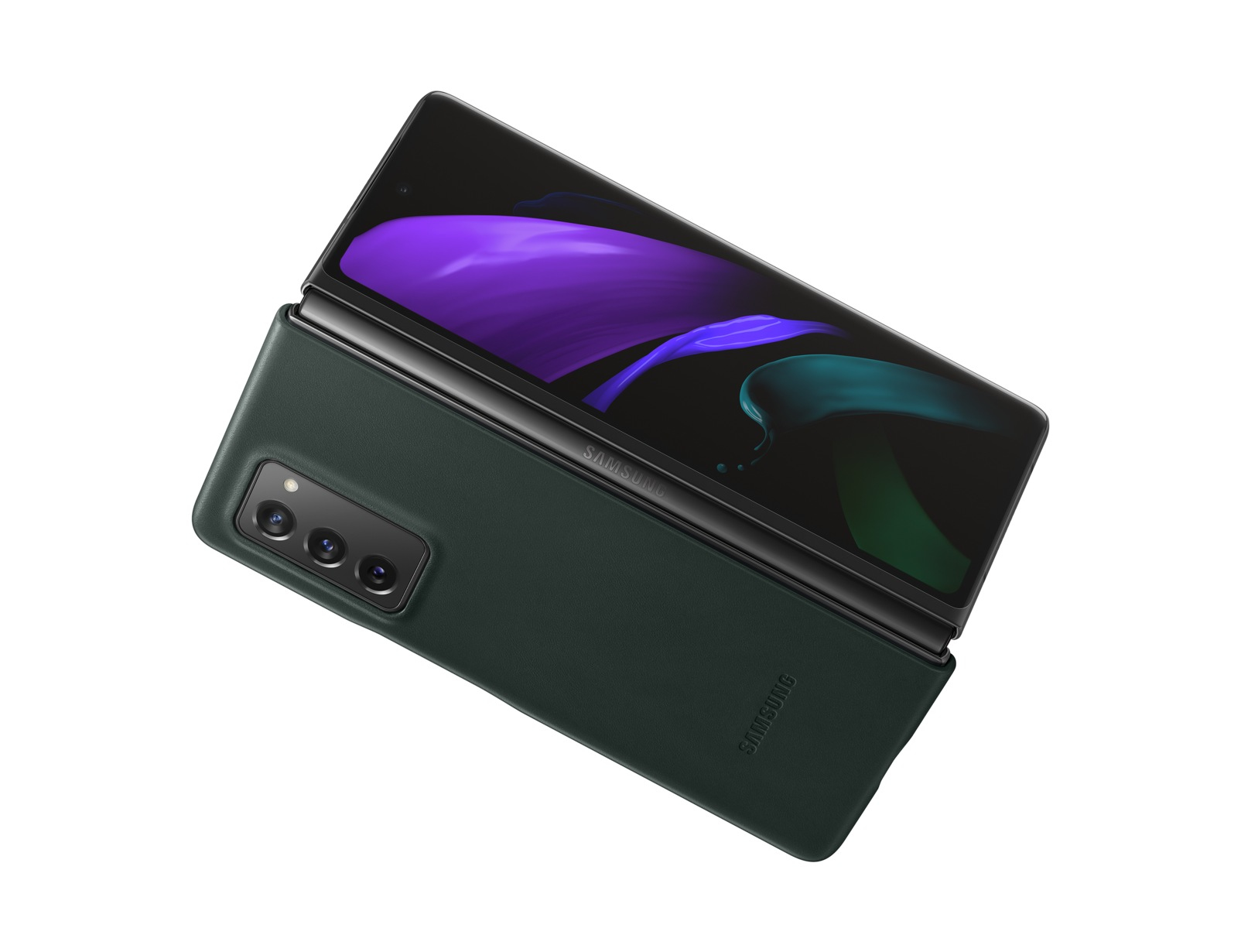 Un teléfono plegable Samsung verde oscuro, abierto y en ángulo, sobre un fondo blanco.