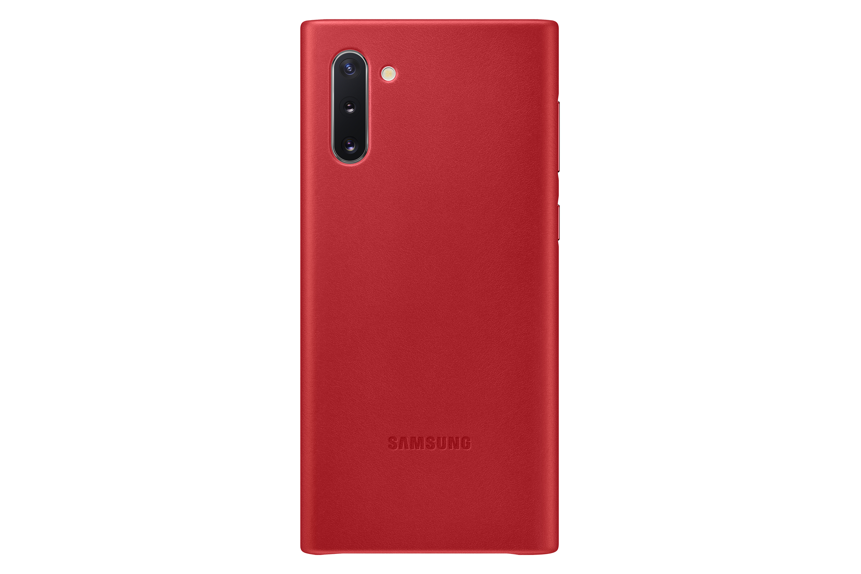 Funda de teléfono roja con cámara y la palabra SAMSUNG abajo.