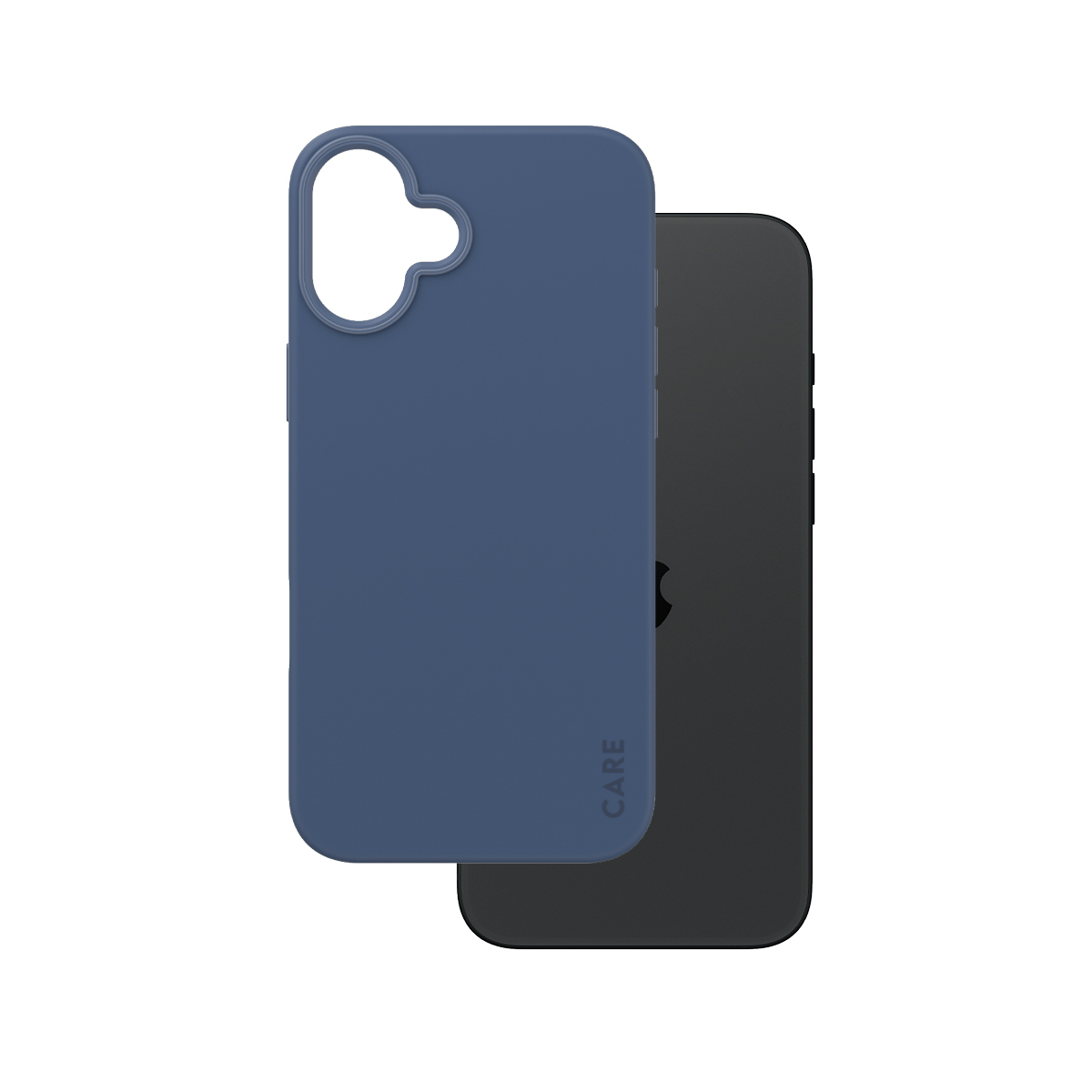 Dunkelblaue iPhone-Hülle über einem schwarzen iPhone. CARE-Logo unten sichtbar. Telefon ist schwarz.