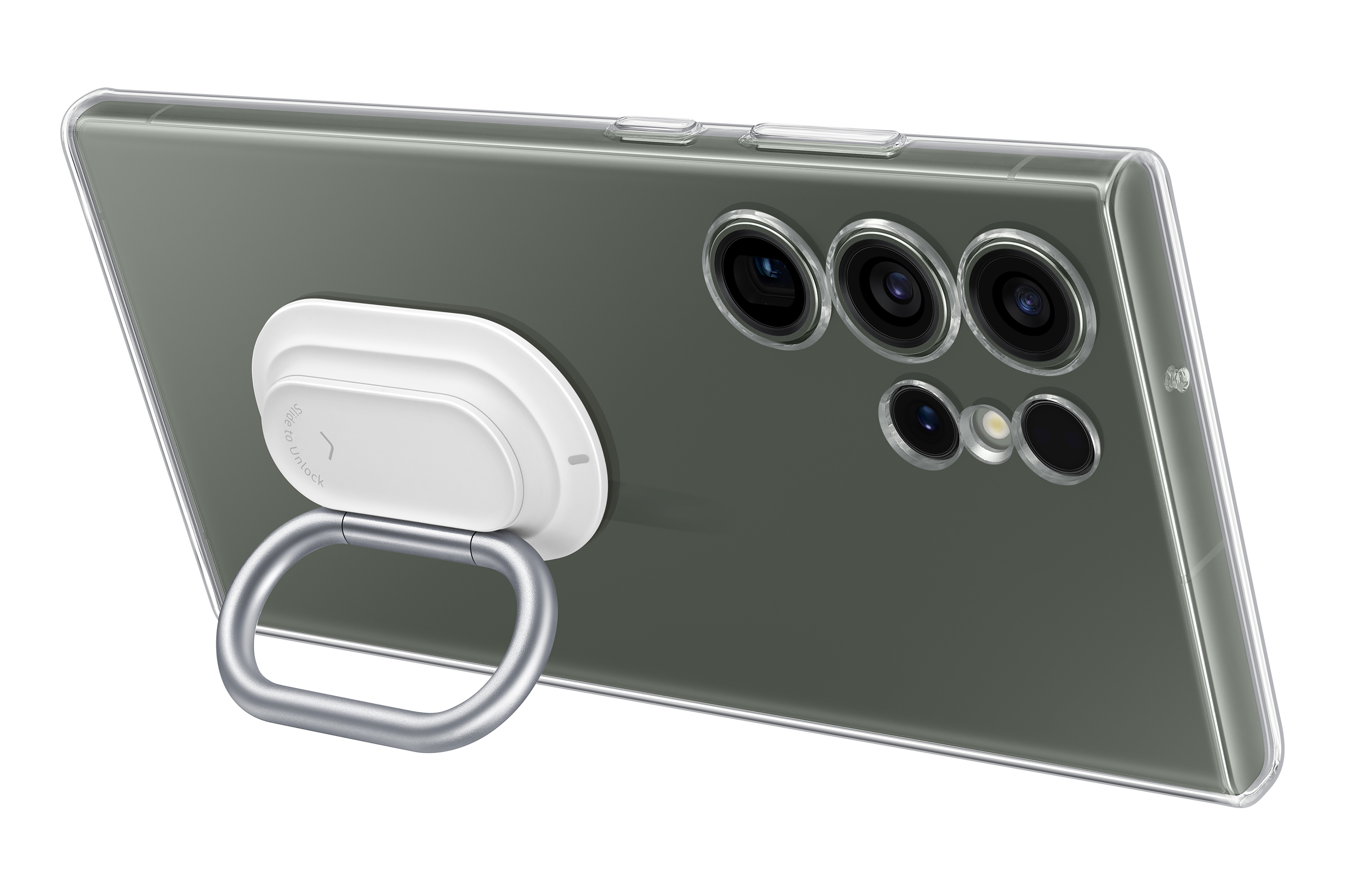 Funda transparente con soporte de anillo. El teléfono muestra un paisaje.