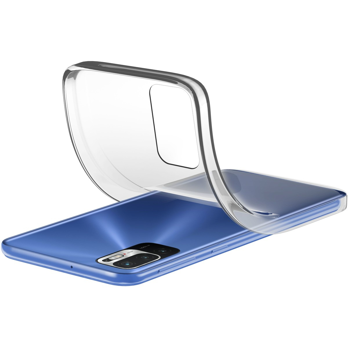 Un telefono blu con una custodia protettiva trasparente. La custodia è parzialmente aperta.