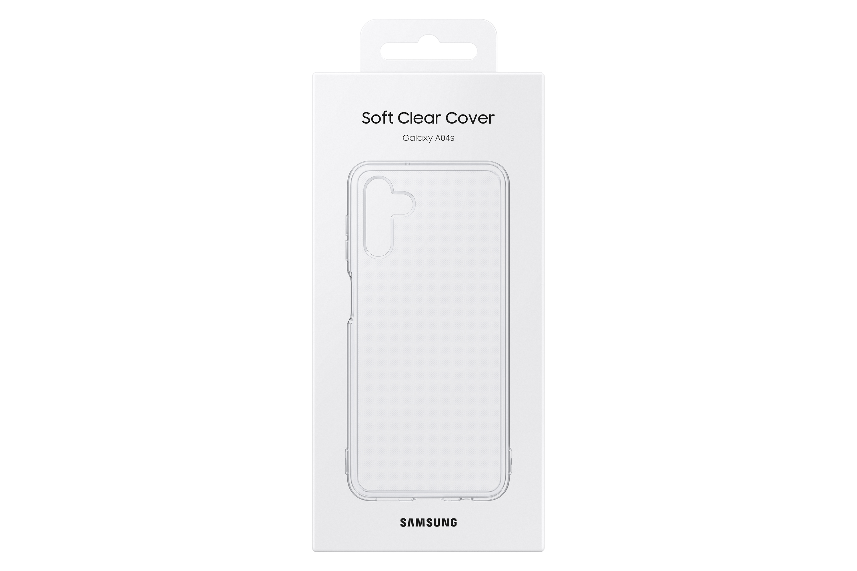 Eine klare Handyhülle in einer weißen Box. Hülle für Samsung Galaxy A04s.
