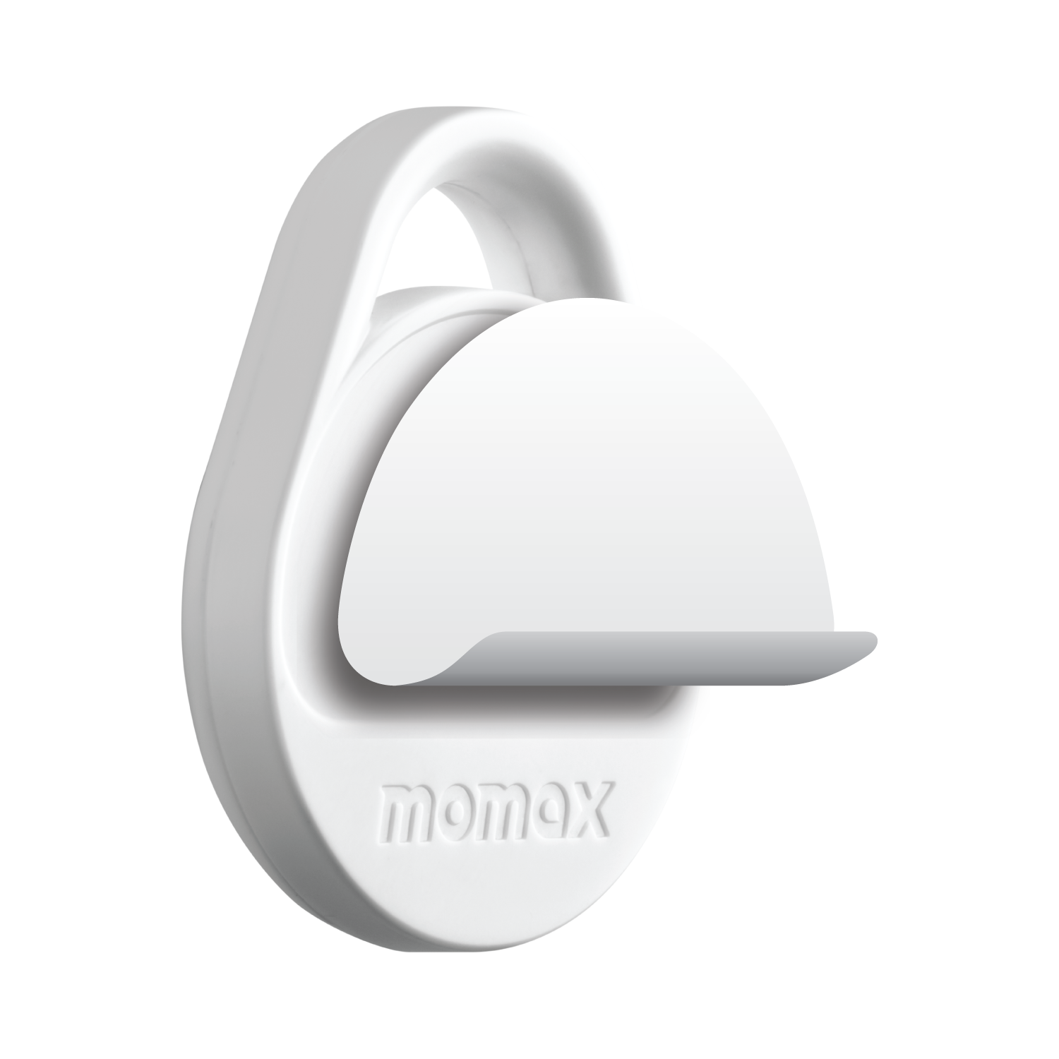 White Momax device with a handle. The device is round. Momax is written on it.
