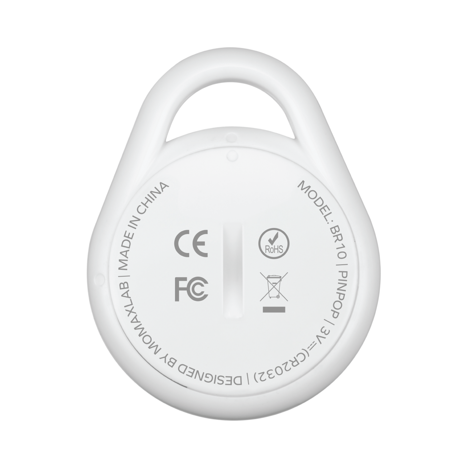 White Momax Pinpop tracker with a loop. Back side has info and symbols.