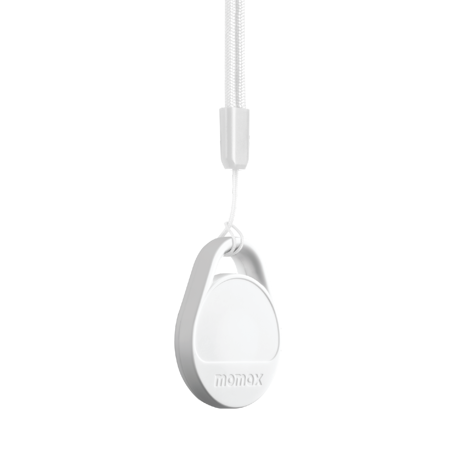 White Momax tracker with string on a black background. The Momax logo is visible.