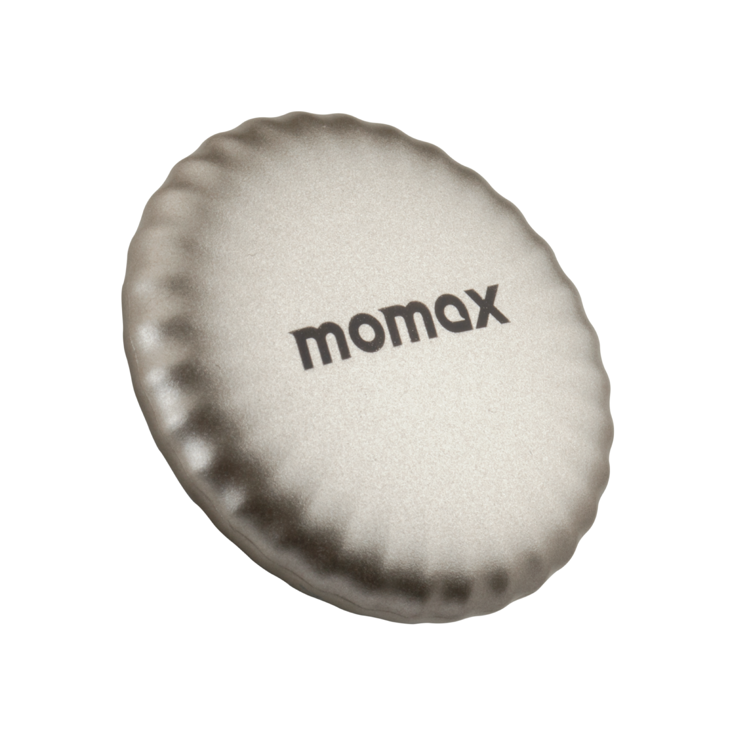 Silver oval device with the momax logo in black. The device has a rippled edge.