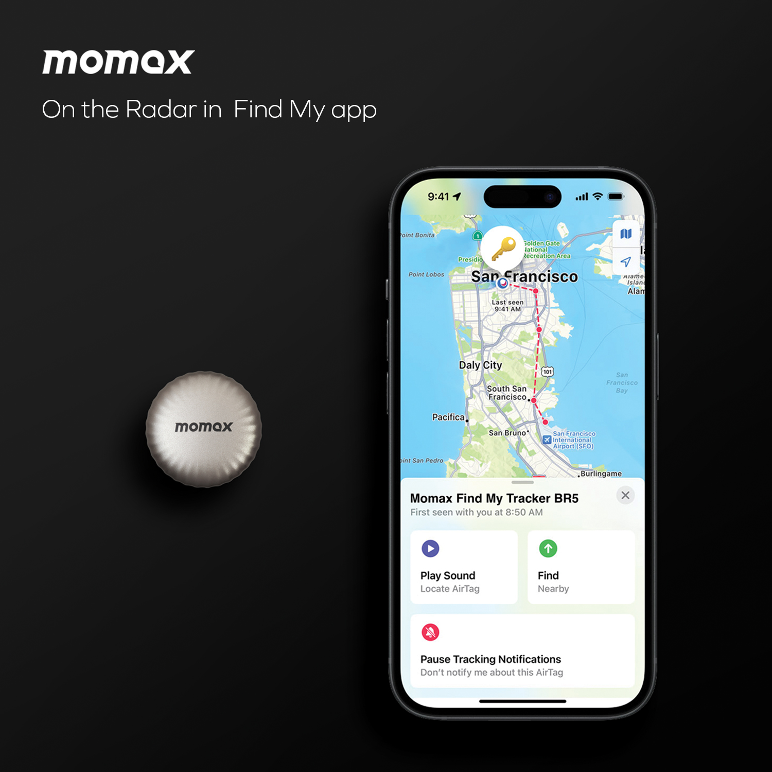 Phone with map and Momax tracker. Phone shows location in San Francisco, California.