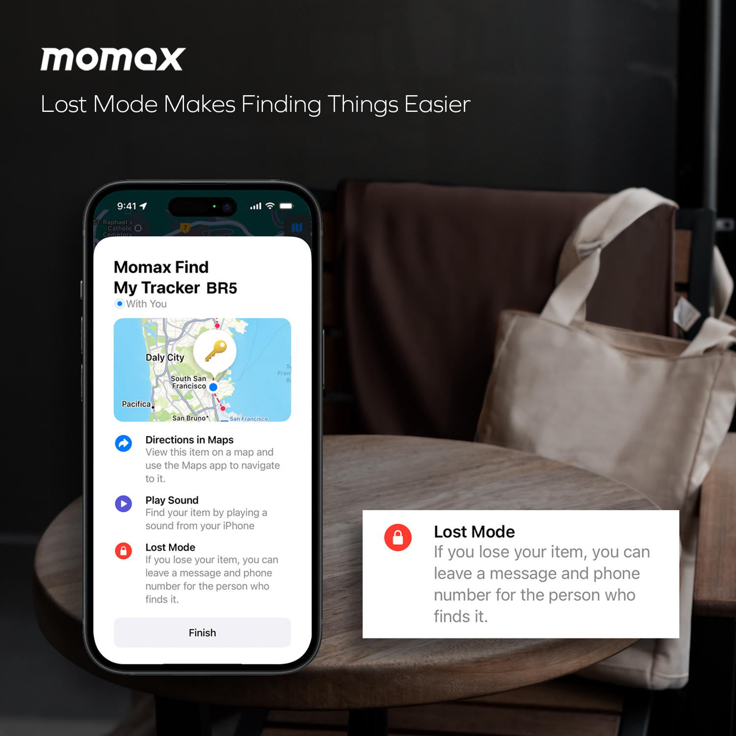 A phone screen shows a map and menu. A table and chair in the background.