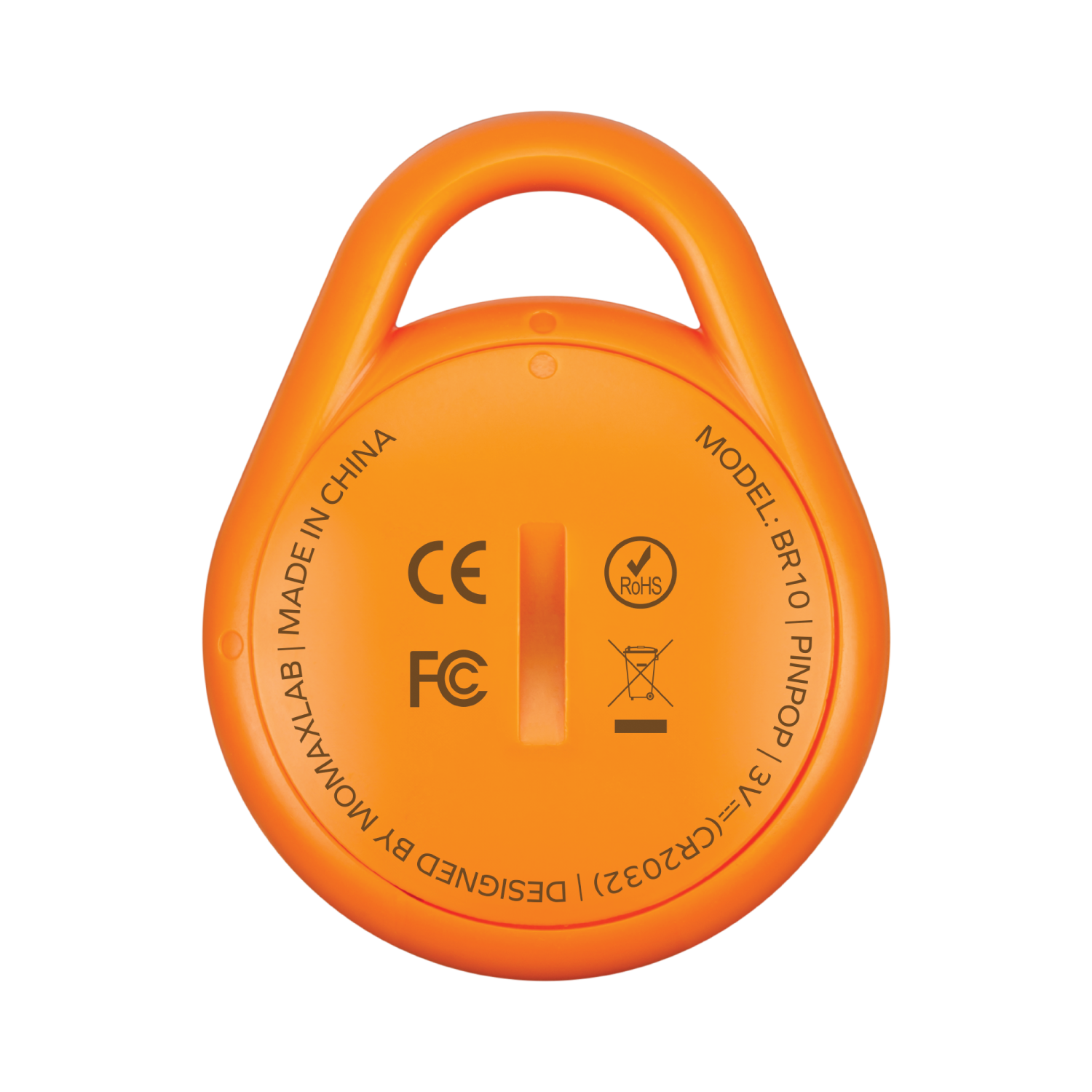 Orange round tracker with a handle and various symbols.