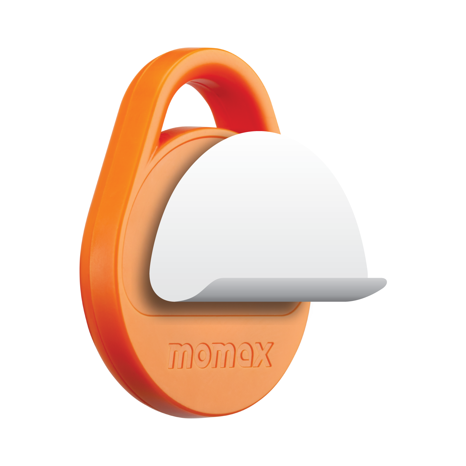 Orange sticker dispenser with a white label partially peeled. Black background.