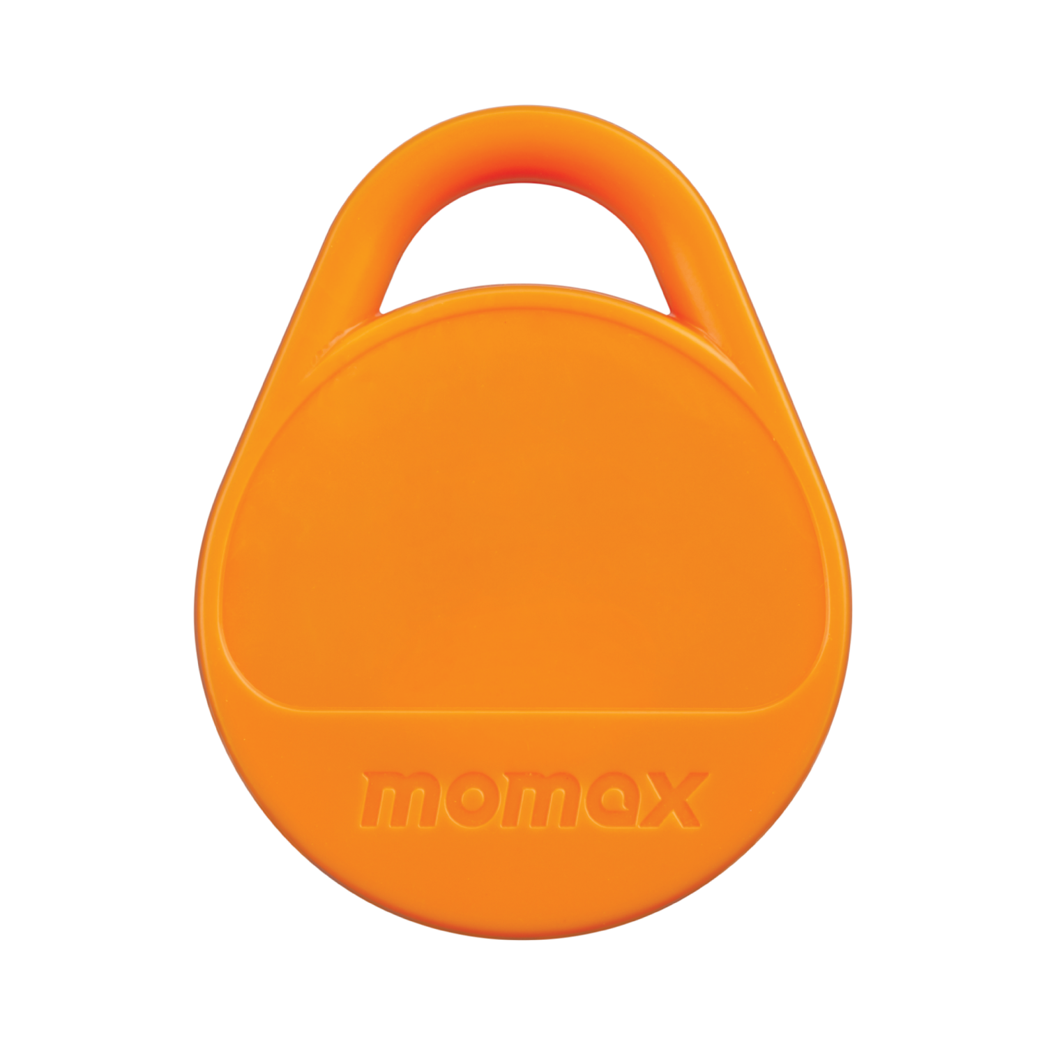 Orange momax tag with handle, with 'momax' logo at the bottom.