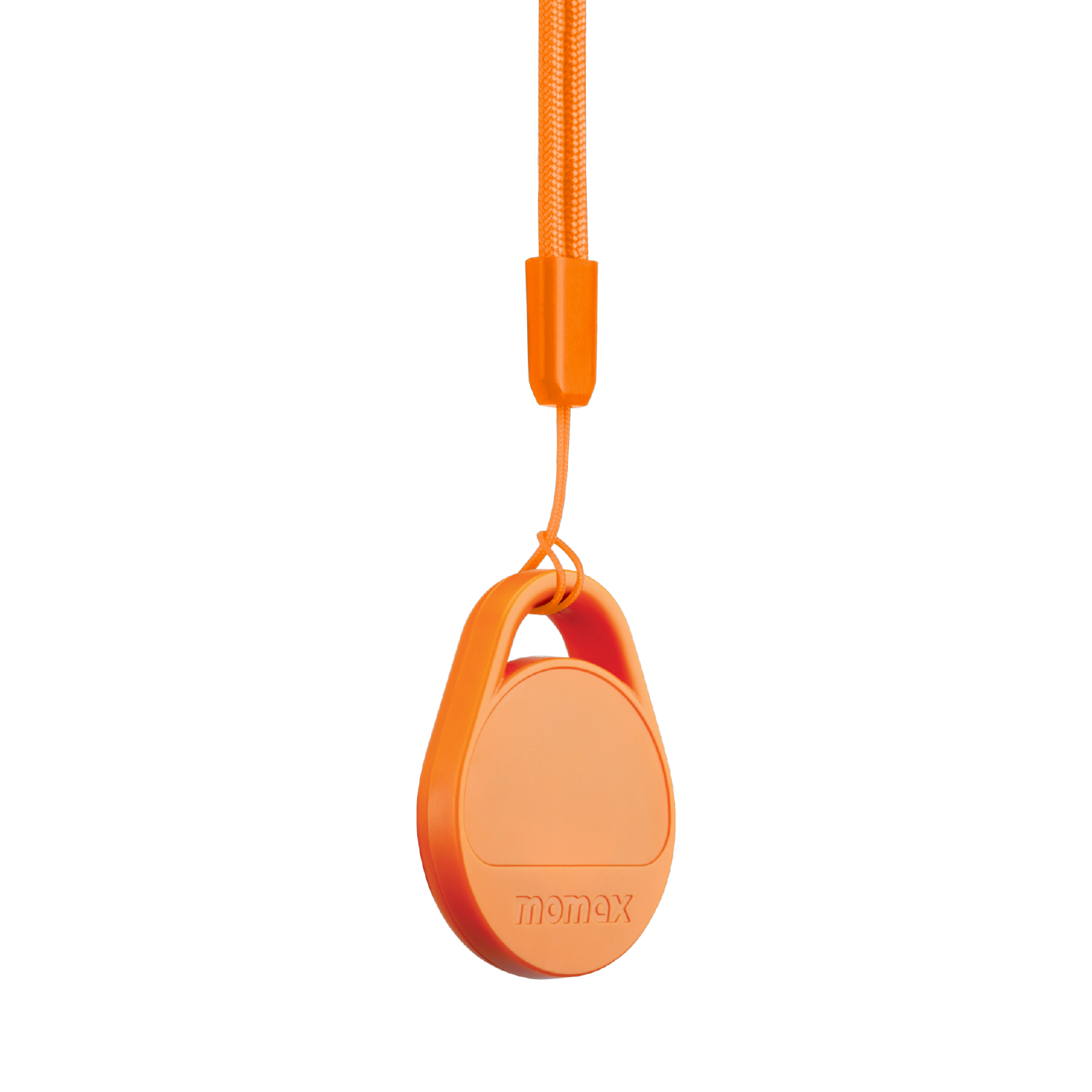 An orange momax tracker with a matching strap, against a white background.