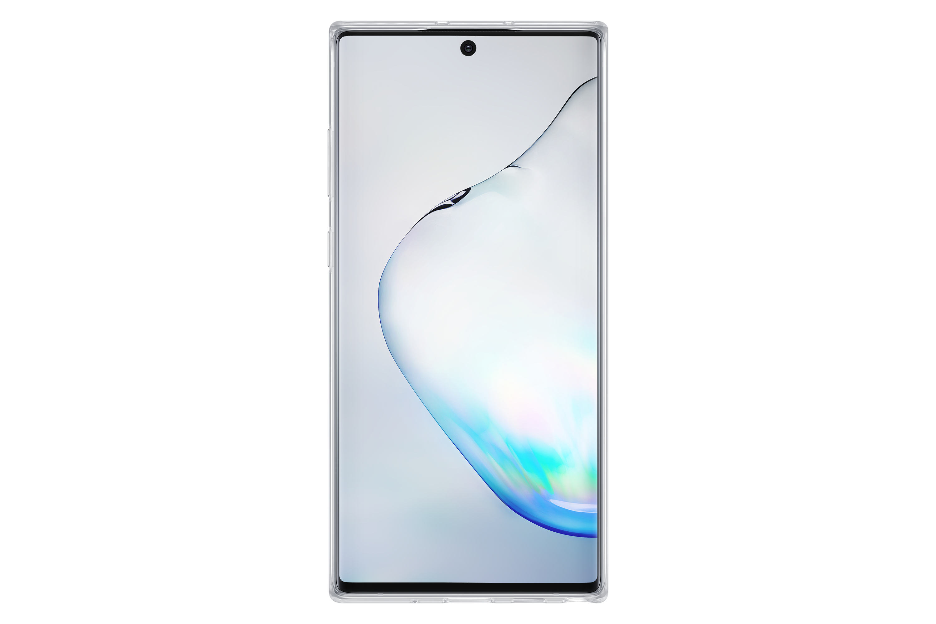 Smartphone in durchsichtiger Hülle, Bildschirm an, weißer Hintergrund.