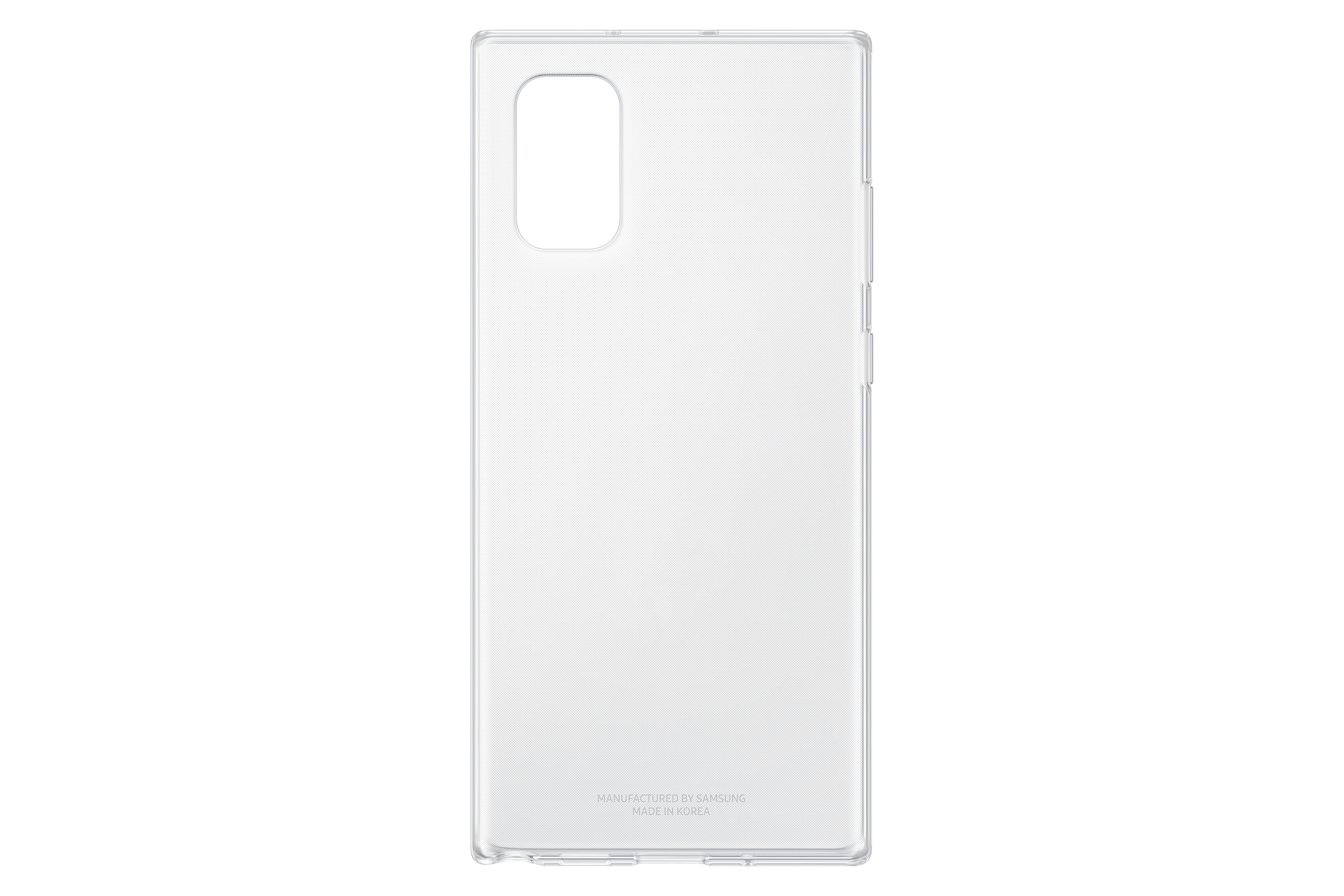 Eine transparente Handyhülle. Die Handyhülle ist transparent mit Aussparungen für Kamera und Tasten.