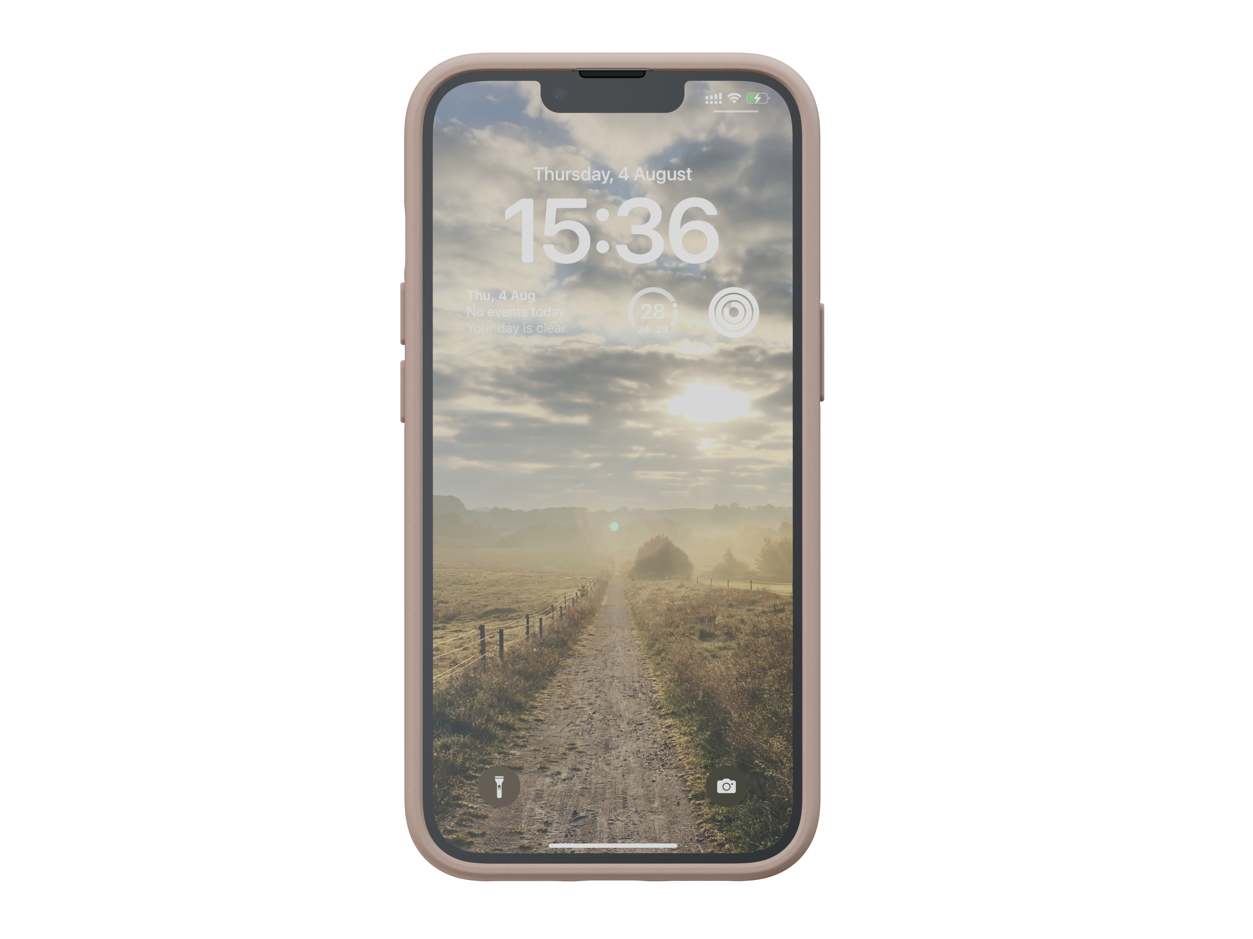 Smartphone mit Hülle, die eine Landschaftsfoto zeigt. Die Zeit ist 15:36, am Donnerstag, 4. August.