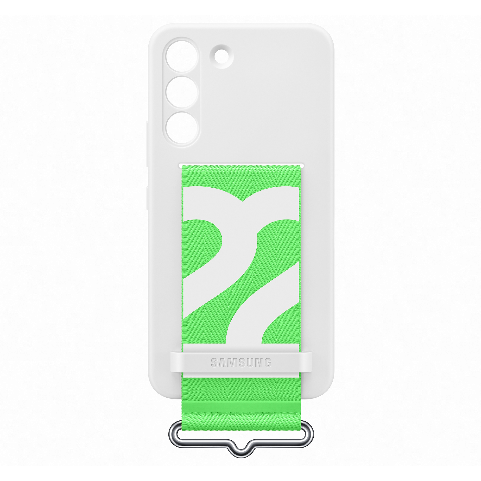 Białe etui na telefon z zielono-białym paskiem.