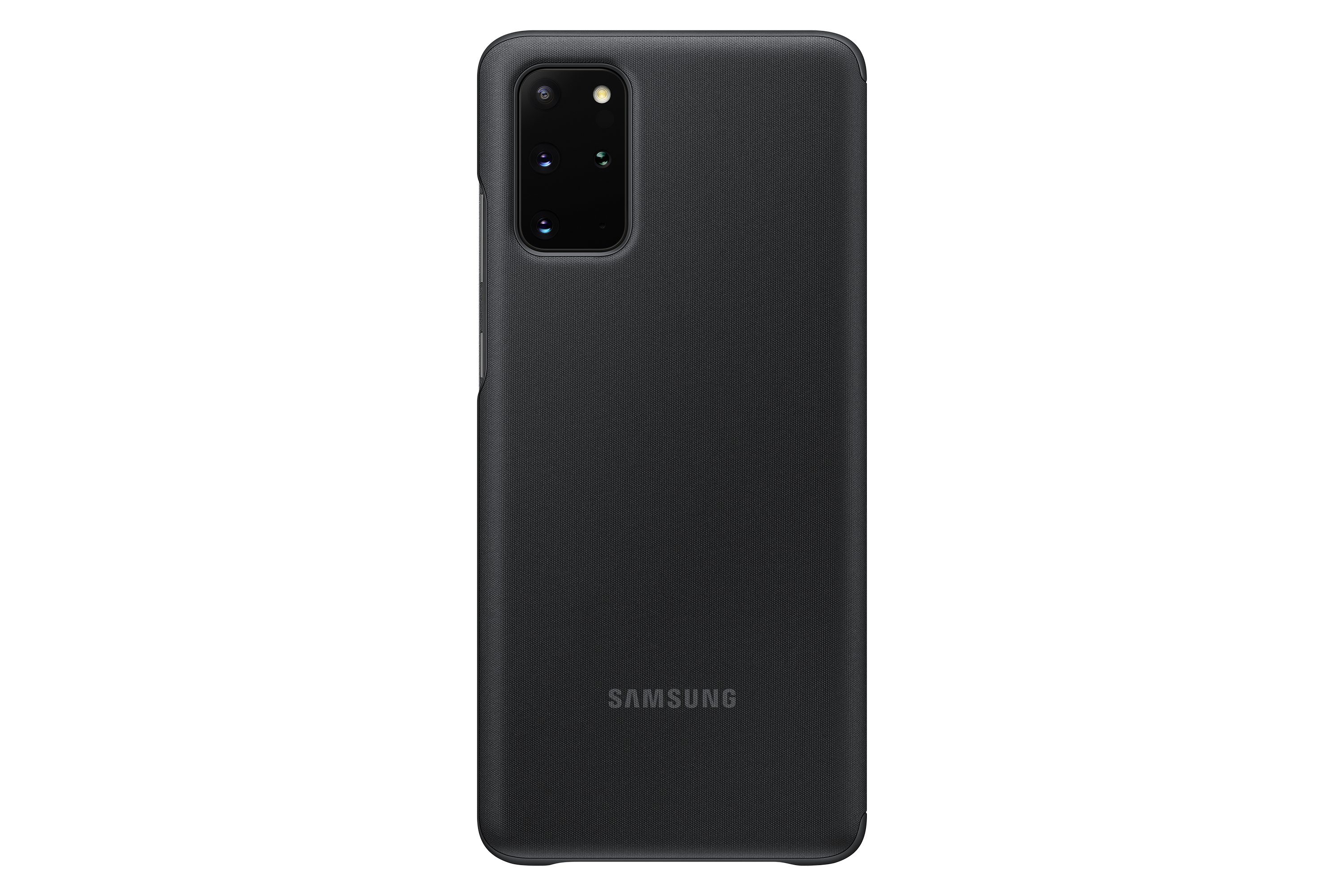 Funda negra con conjunto de cámaras y el logo de Samsung. Parte trasera del teléfono.