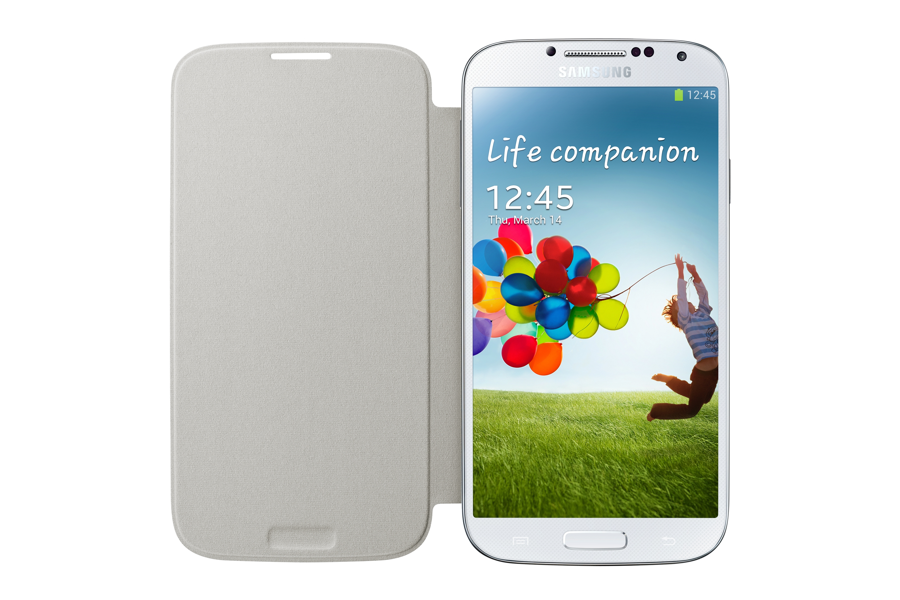 Una funda de teléfono blanca abierta que muestra un teléfono. El teléfono tiene una pantalla que muestra un cielo con globos.