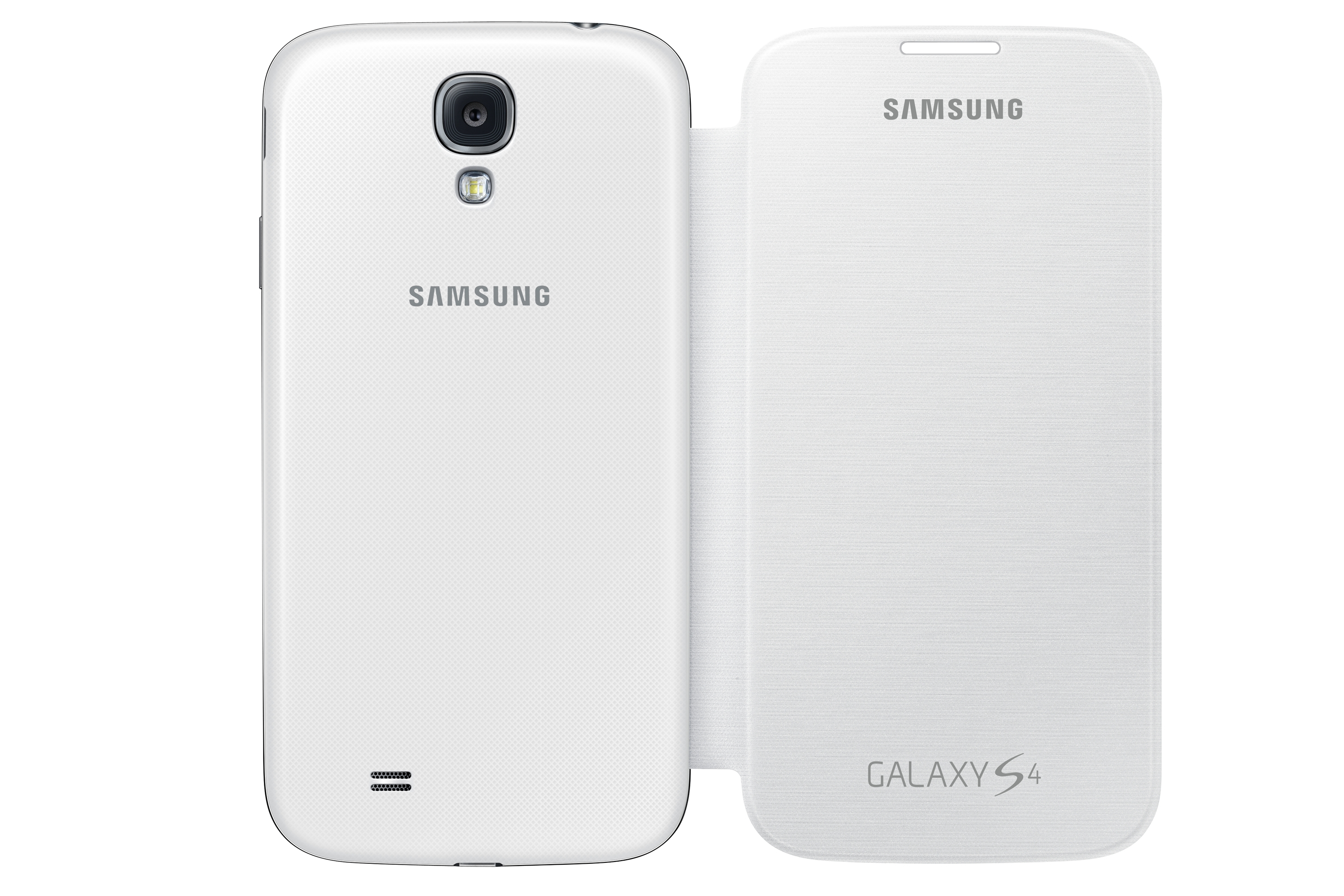 Teléfono blanco Samsung Galaxy S4, tapa abierta. Vista trasera y frontal.