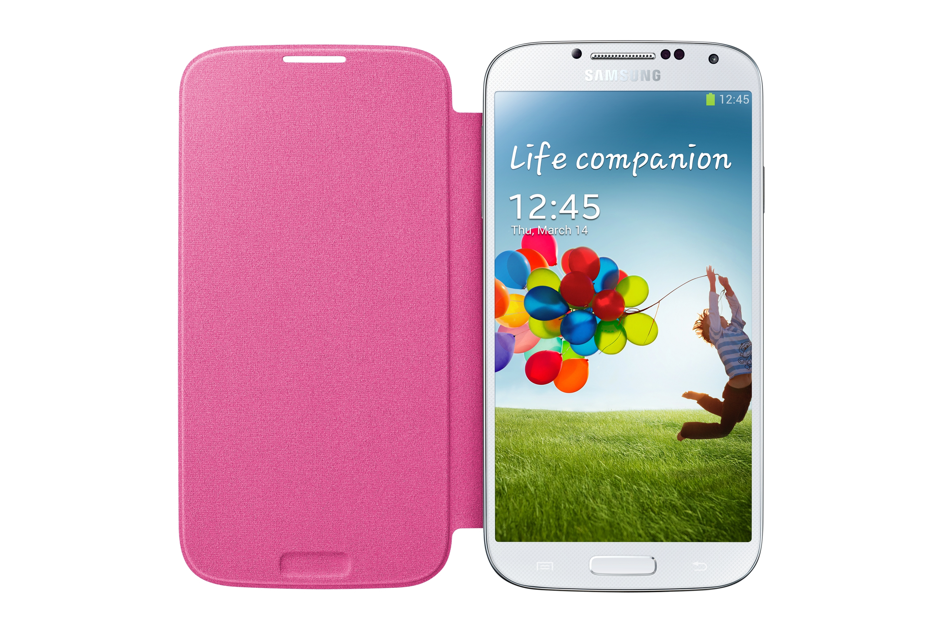 Funda rosa de teléfono abierta, mostrando un teléfono con imagen de globos.
