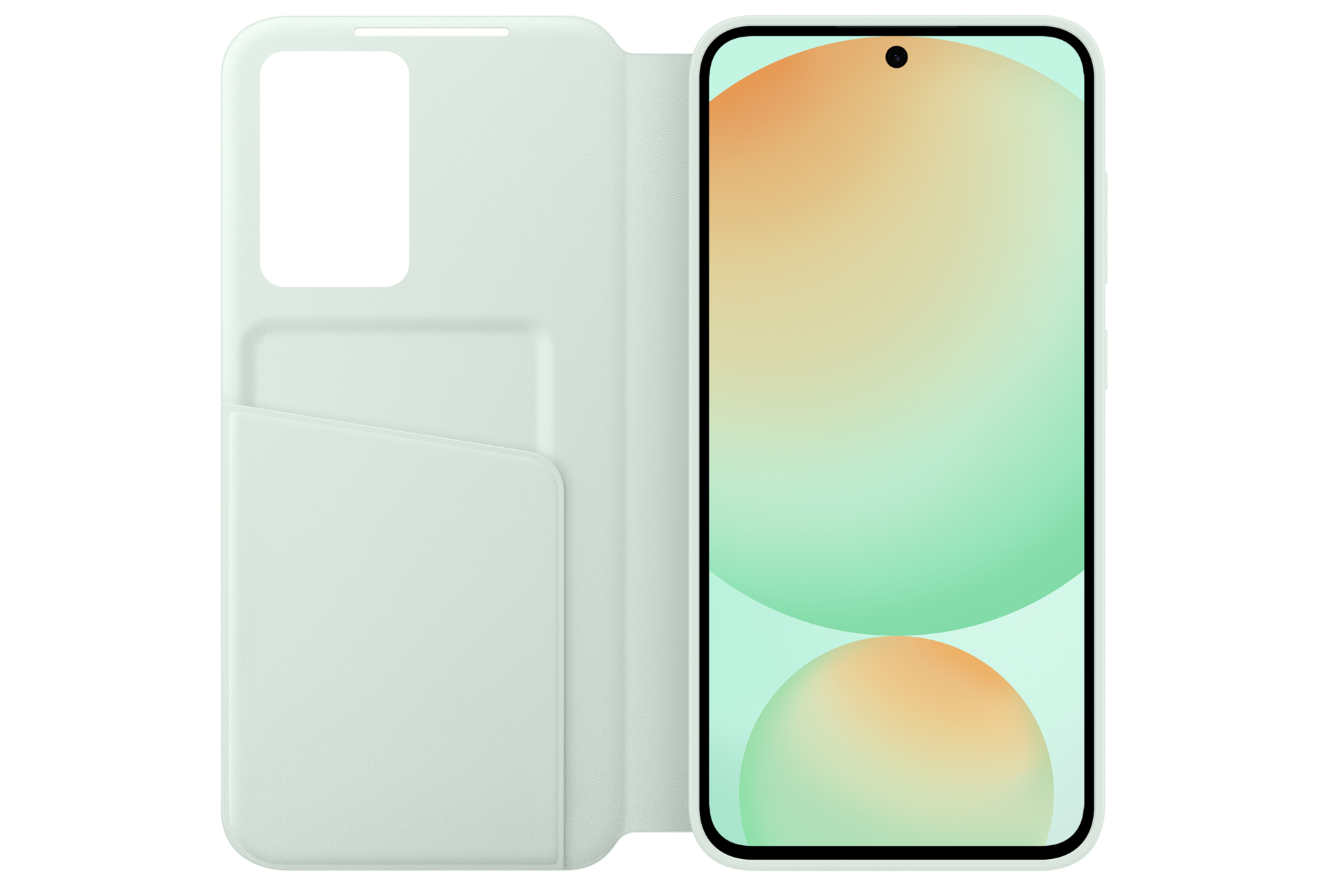 Een mintgroene telefoonhoes, open, met een telefoon met een groene en oranje verloopachtergrond.