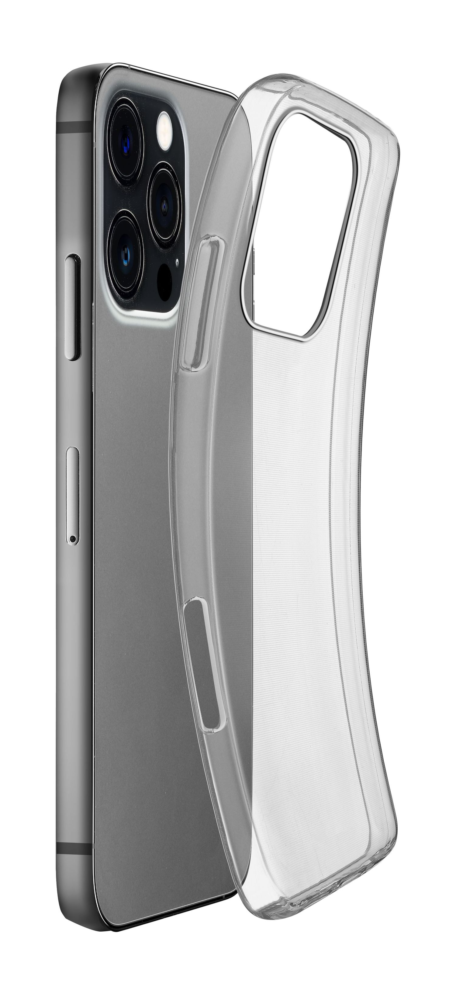 Coque de téléphone transparente sur téléphone argenté, appuyée contre une surface. Dos visible.