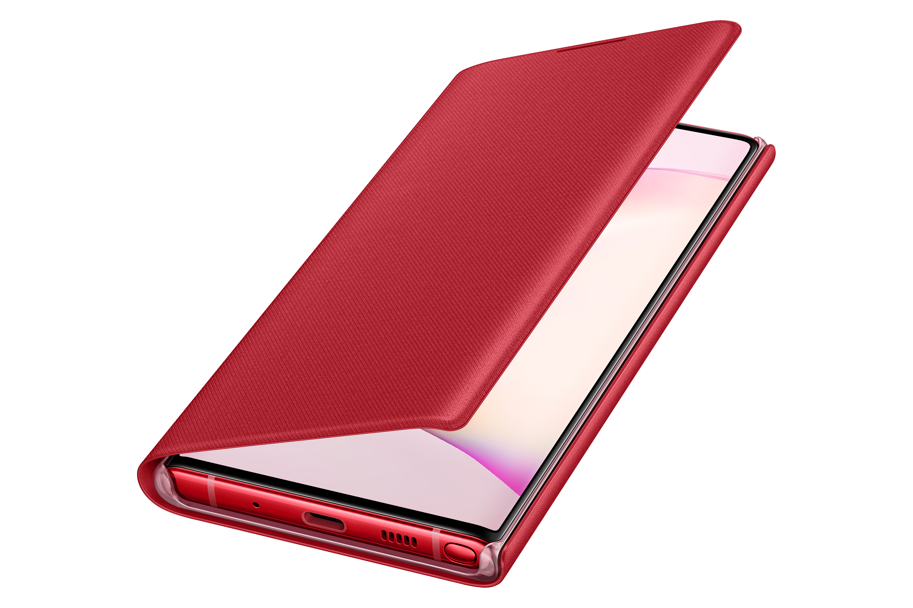 Funda roja para teléfono, abierta, sobre un teléfono, fondo blanco.