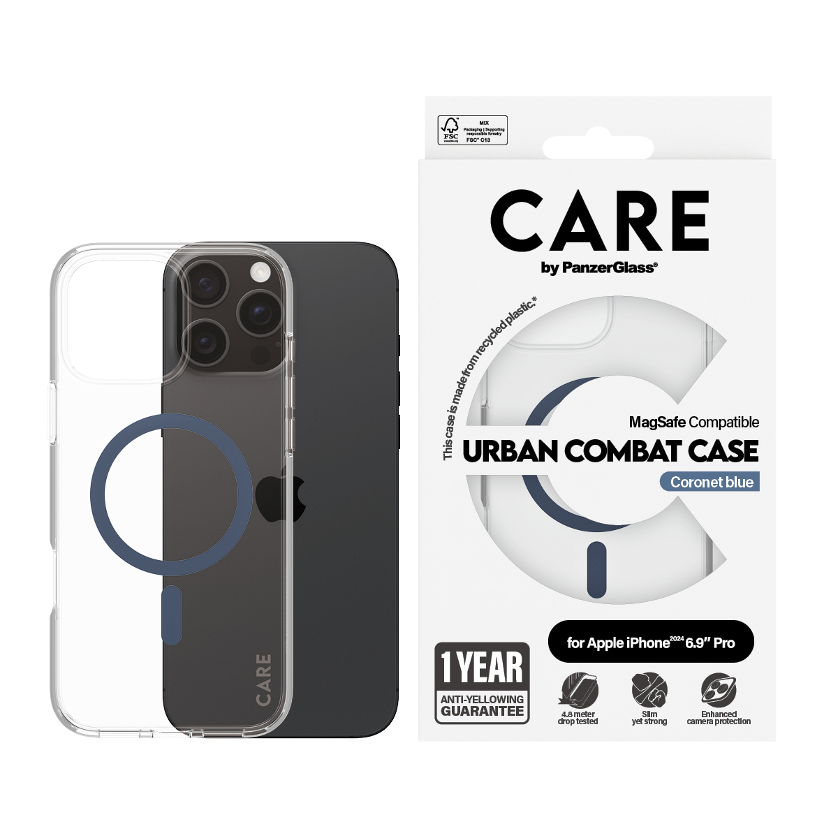 Beyaz kutuda mavi daireli şeffaf telefon kılıfı, siyah iPhone ve CARE yazısı.