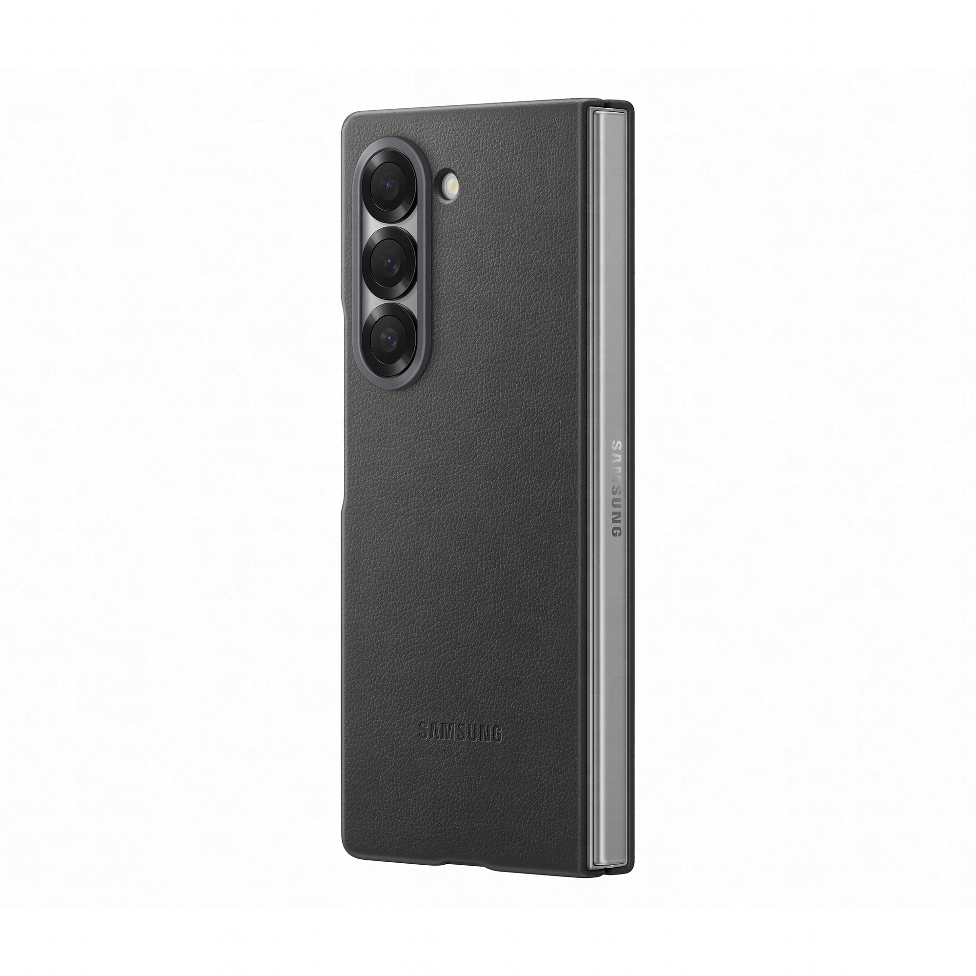 Un téléphone Samsung noir fermé avec trois caméras à l'arrière et un cadre gris.