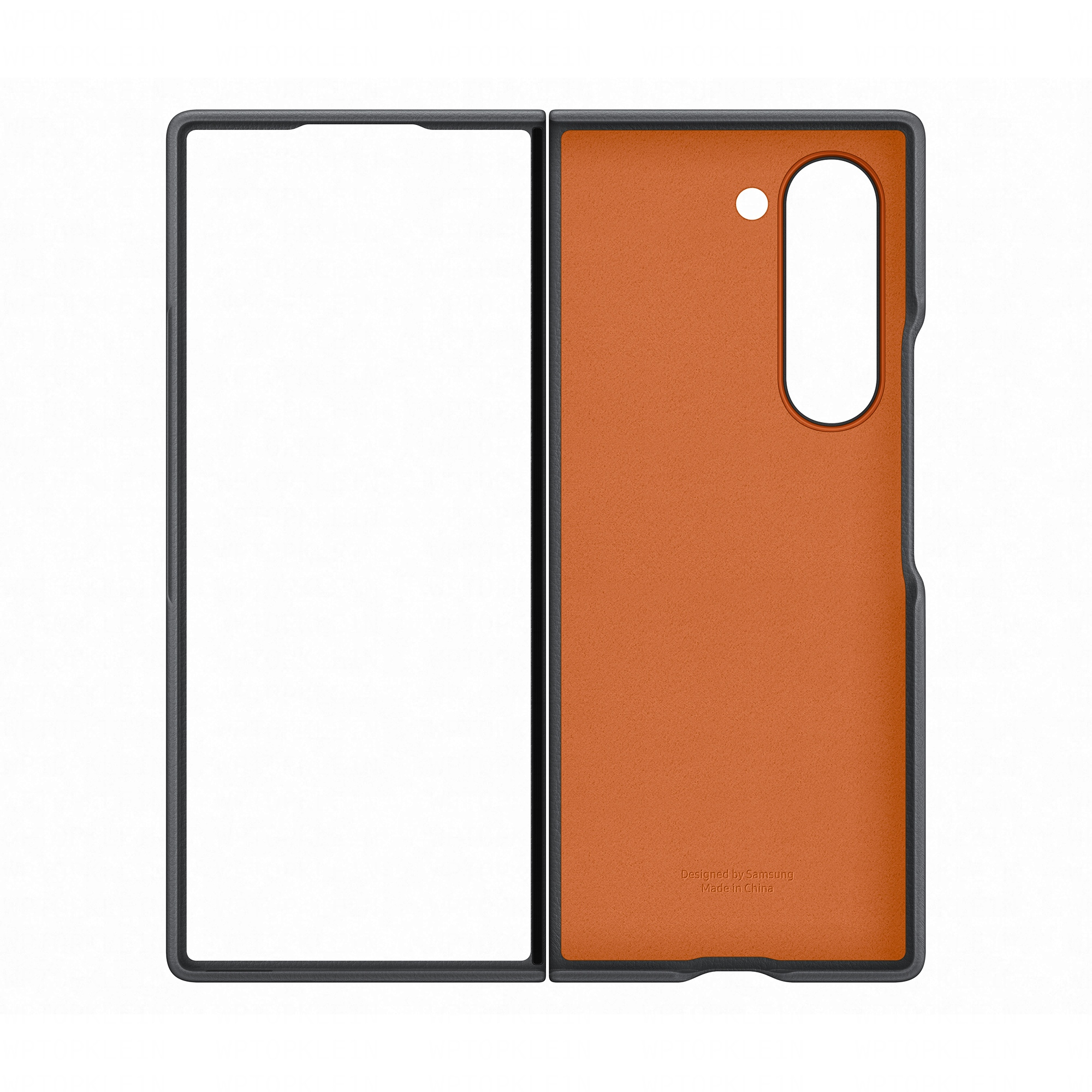 Étui de téléphone Samsung, ouvert, intérieur orange, cadre noir.