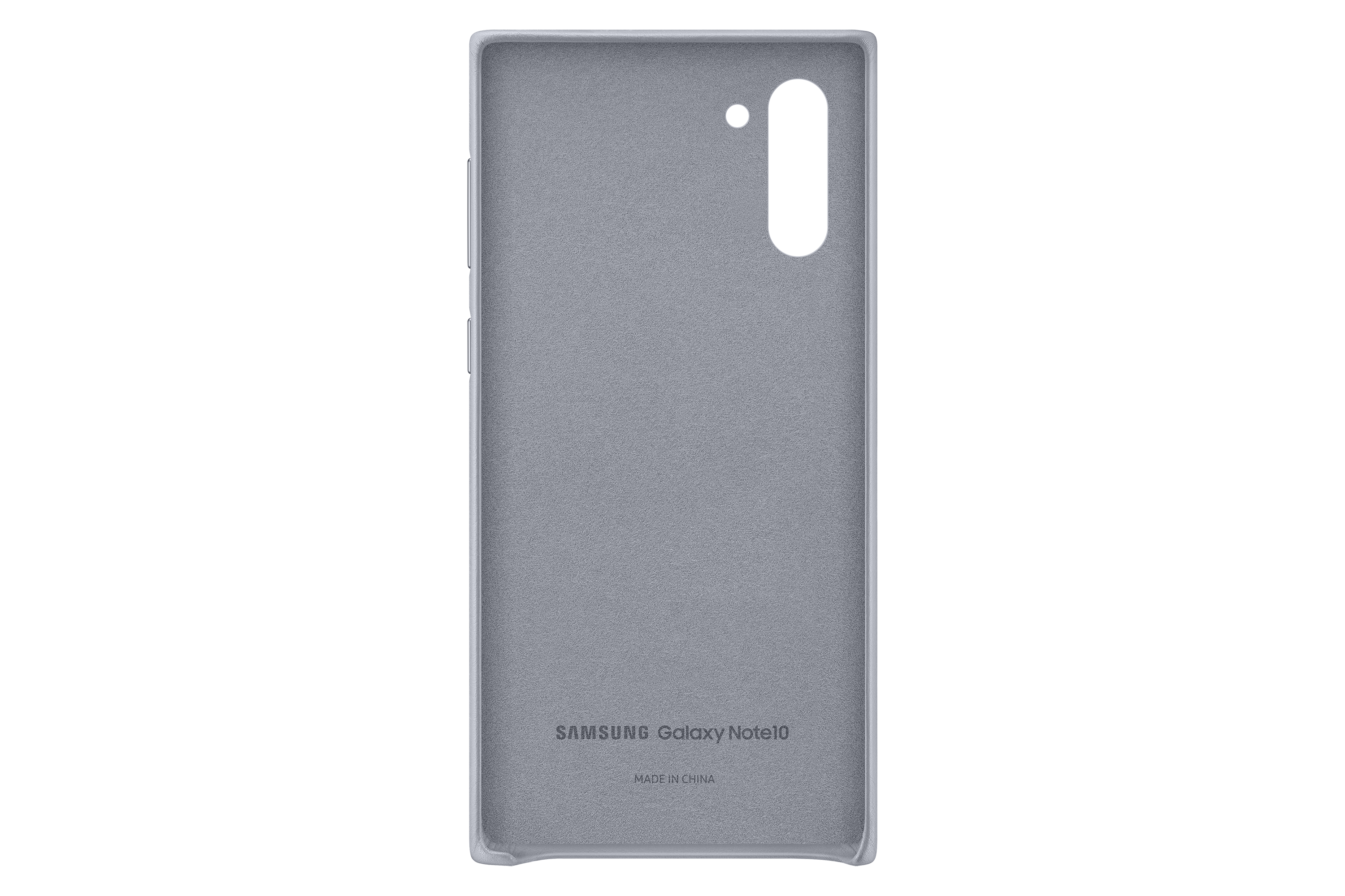 Funda gris para teléfono con recorte de cámara y el logotipo de Samsung Galaxy Note10.