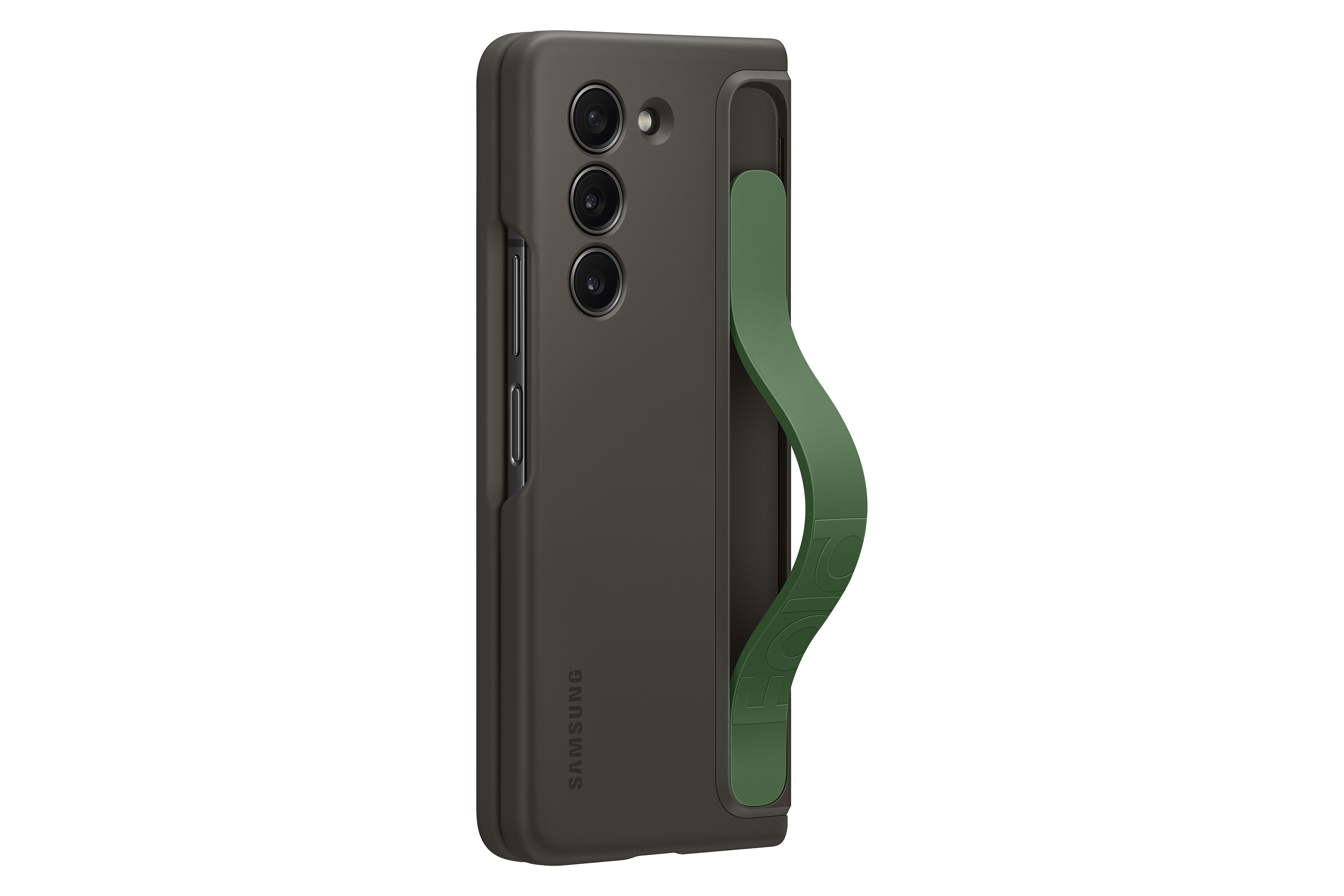Złożony ciemny telefon z zielonym paskiem. Potrójny aparat i logo Samsung widoczne. Izolowany na białym.