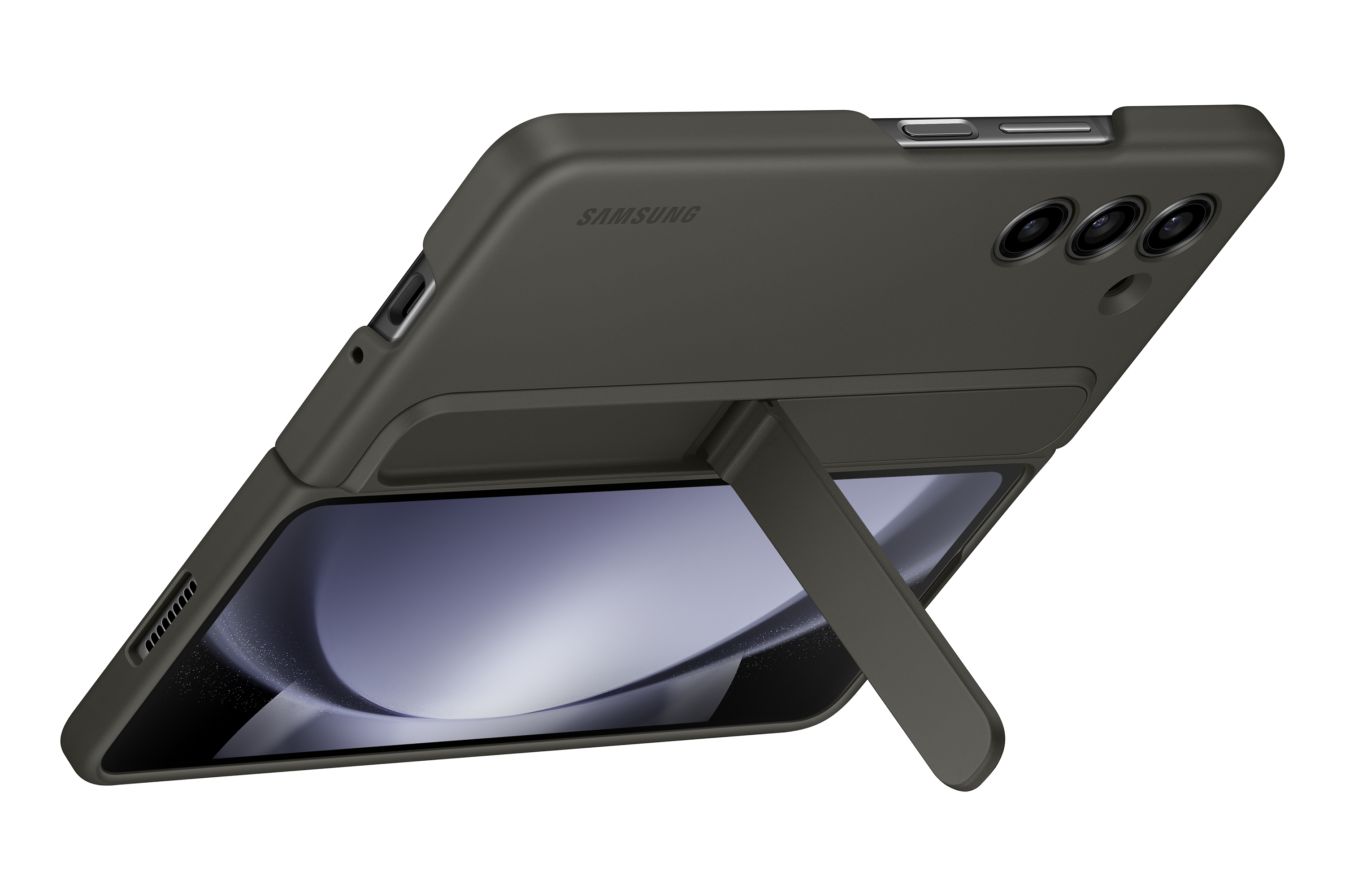 Czarne etui na telefon Samsung z podpórką, telefon w środku, etui otwarte.