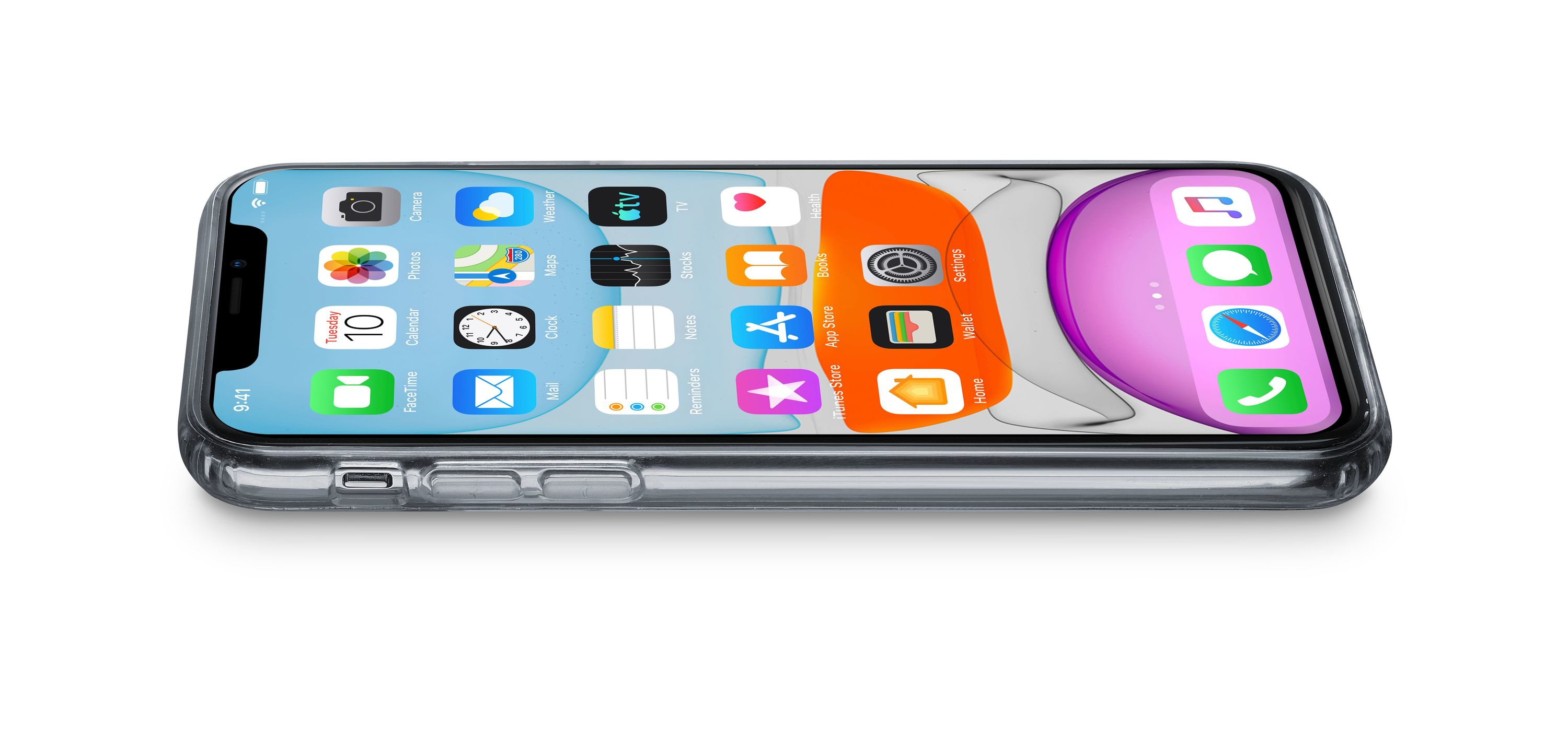 iPhone con schermo con icone di app, in una custodia protettiva trasparente su sfondo bianco.