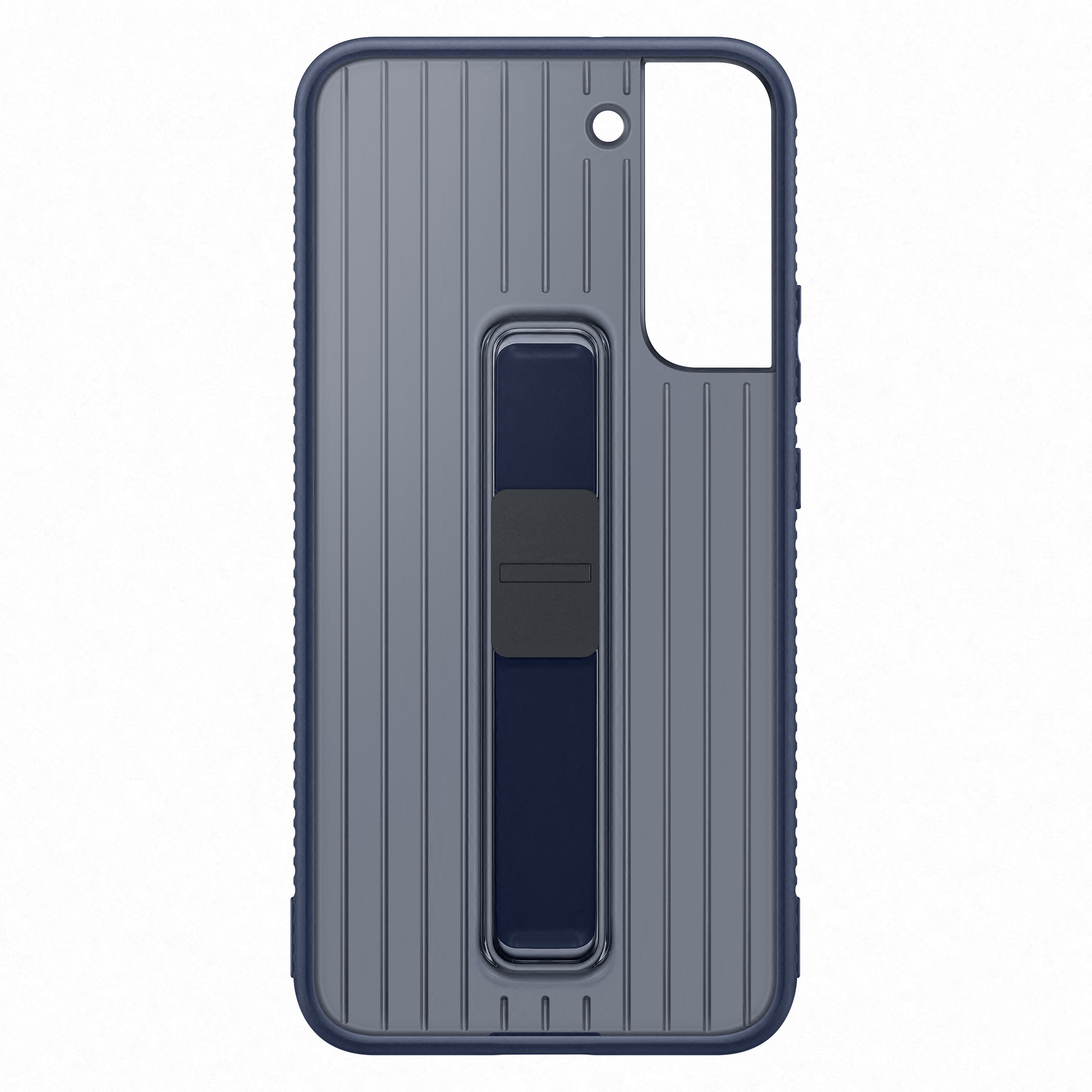 Custodia per telefono blu scuro con linee verticali e supporto nero. Il telefono è su una.