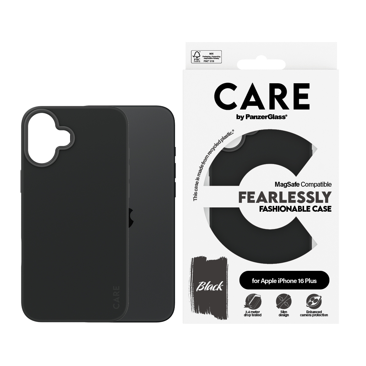 Custodia e scatola iPhone nere, sfondo bianco. Testo sulla scatola: CARE, Fearlessly fashionable case.