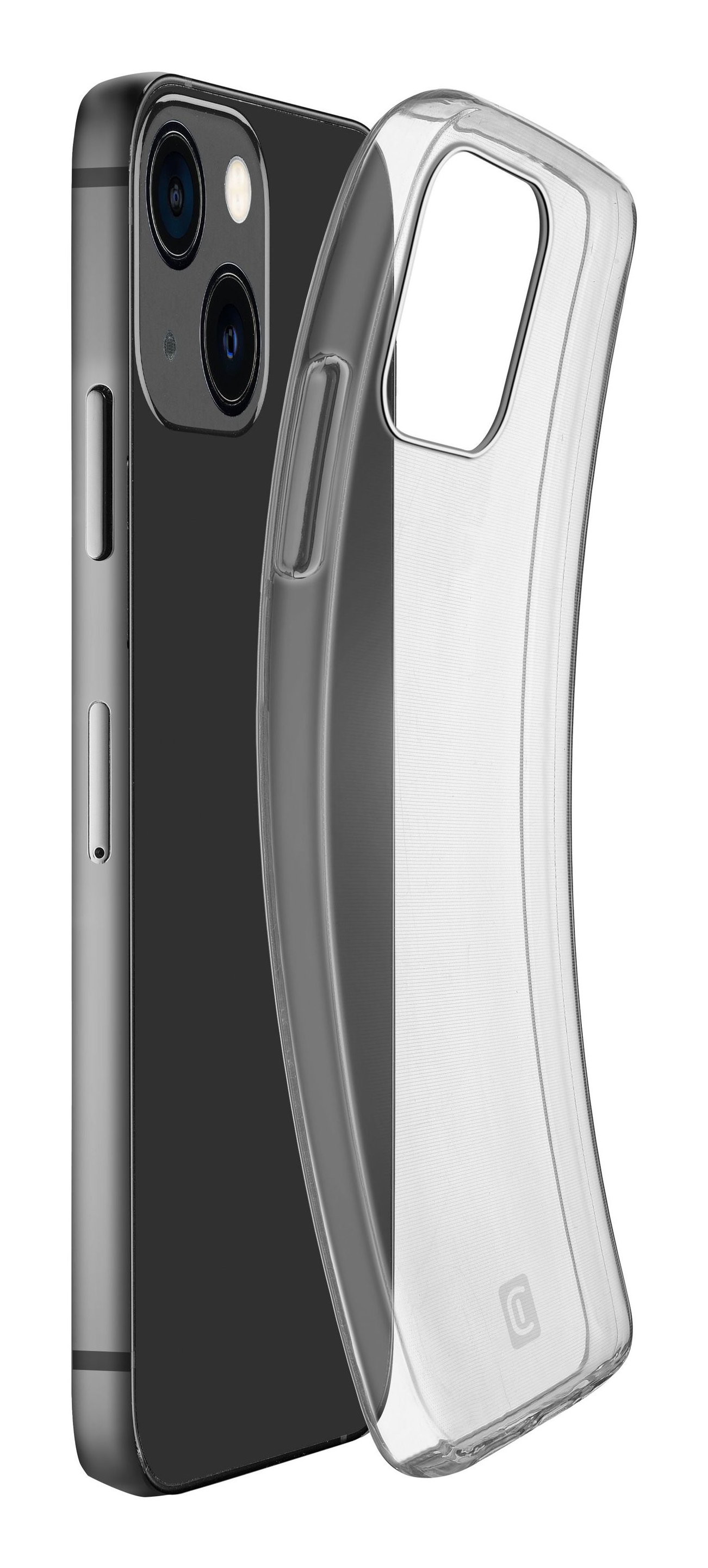 Un telefono con tre fotocamere, una custodia trasparente e il retro del telefono è visibile.