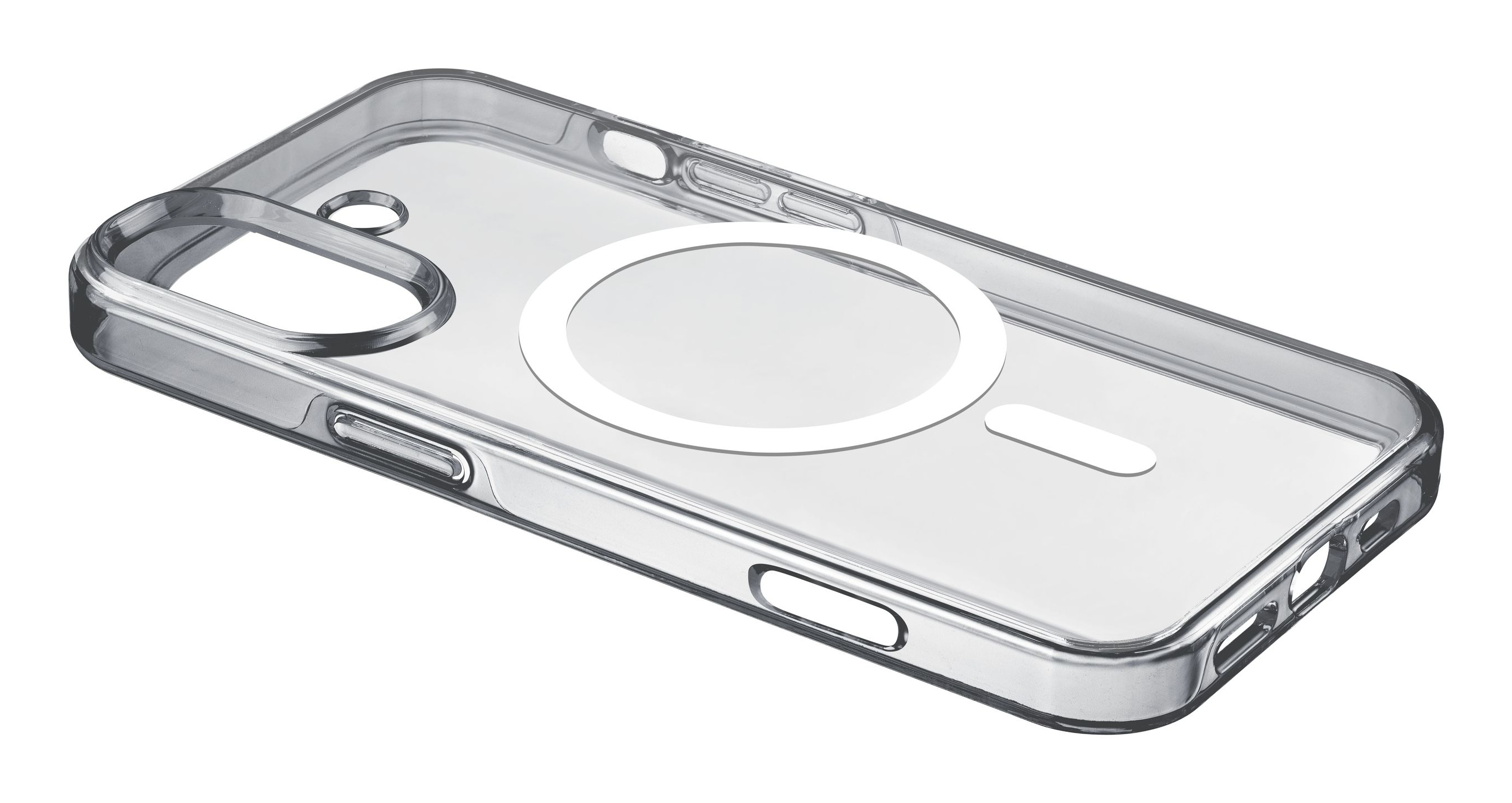 Custodia trasparente con un anello bianco sul retro. Vista angolata su sfondo bianco.