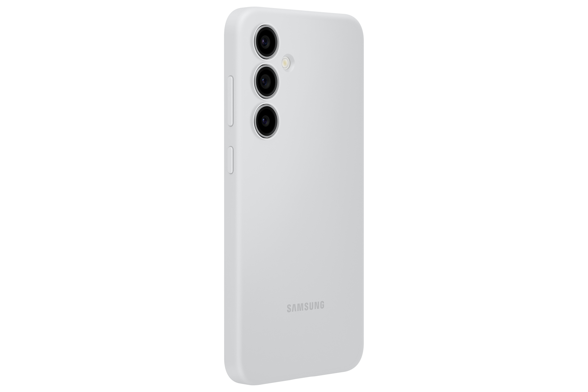 Jasnoszary telefon Samsung, pokazujący tył z aparatem i logo Samsung.