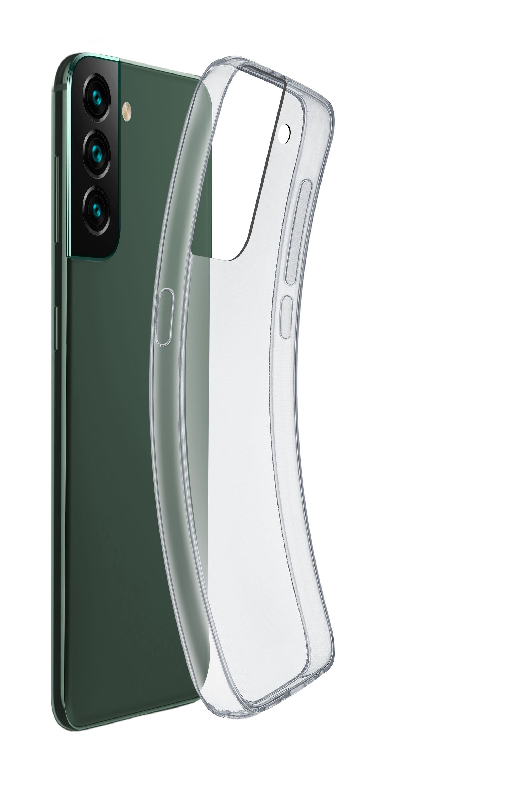 Un telefono verde con una custodia trasparente è mostrato su sfondo bianco.